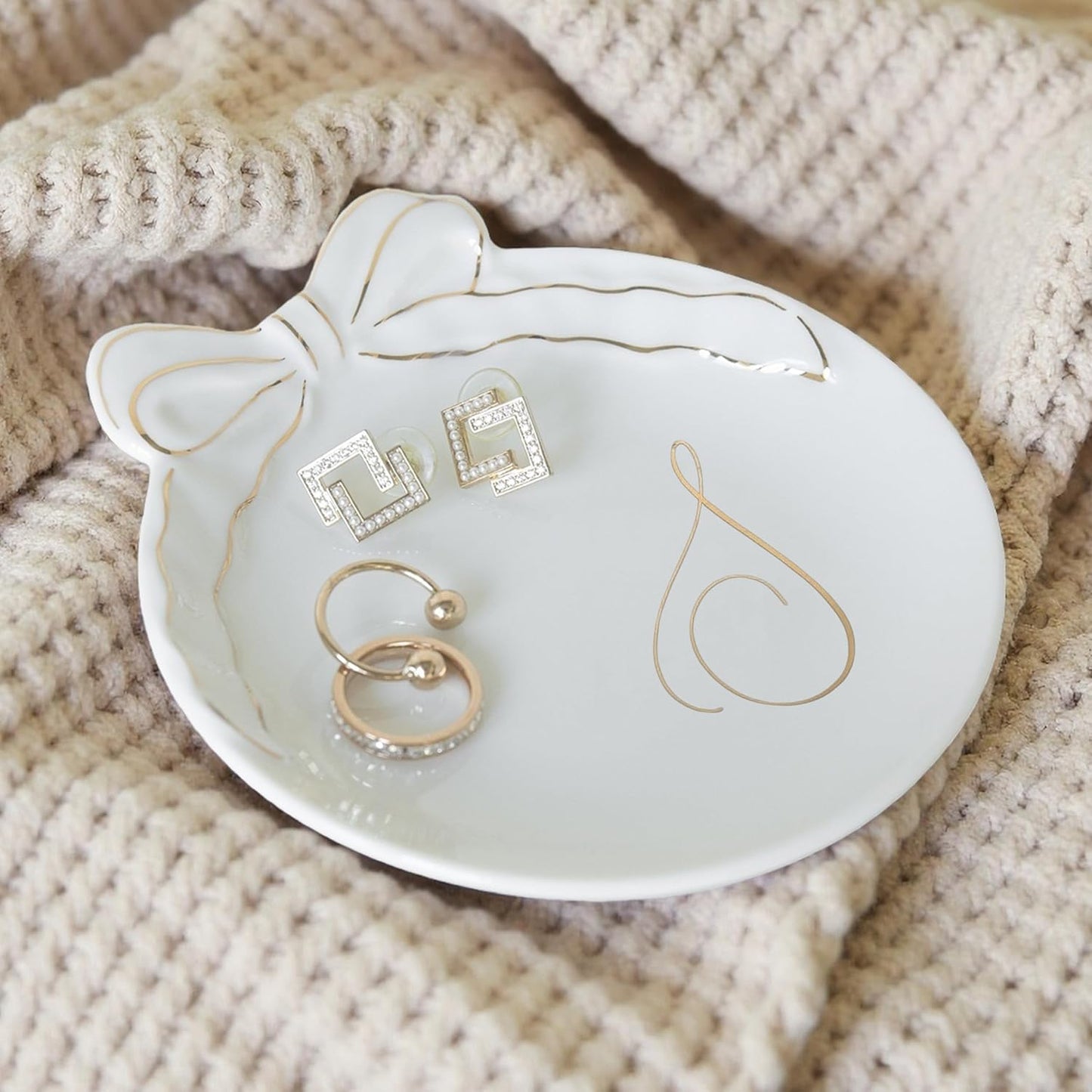 COLLECTIVE HOME - Personalized Initial Ceramic Jewelry Tray with Bow, Christmas Gift Ideas for Women, Small Gift for Girlfriend Wife, Ring Holder, Earrings Dish, Birthday Gift for Her (S)
