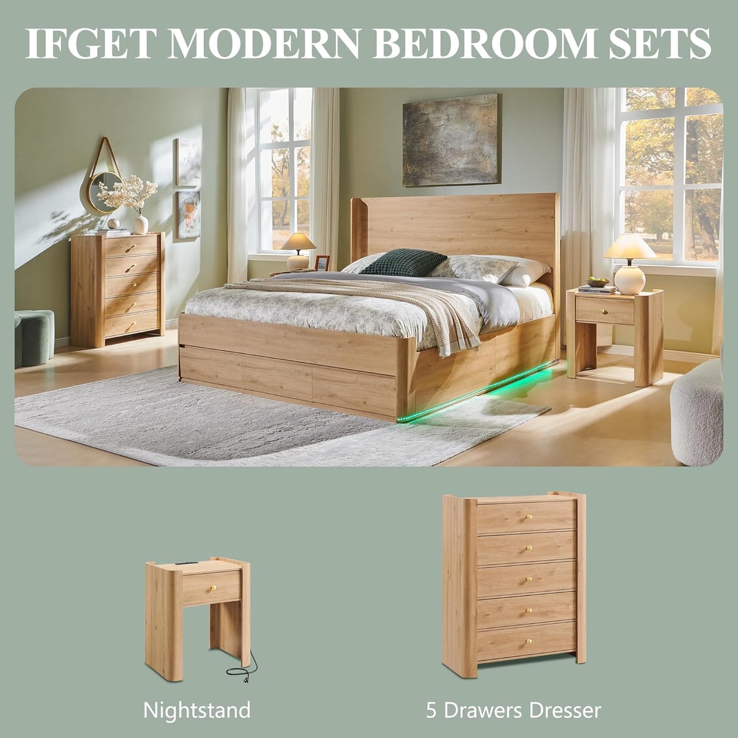 23.6" Tall Modern Nightstand Set of 2, 22" Wide Curved Bedside Table with Charging Station, Wooden Night Stand with 1 Storage Drawer, Large End Table for Bedroom, Living Room, Natural