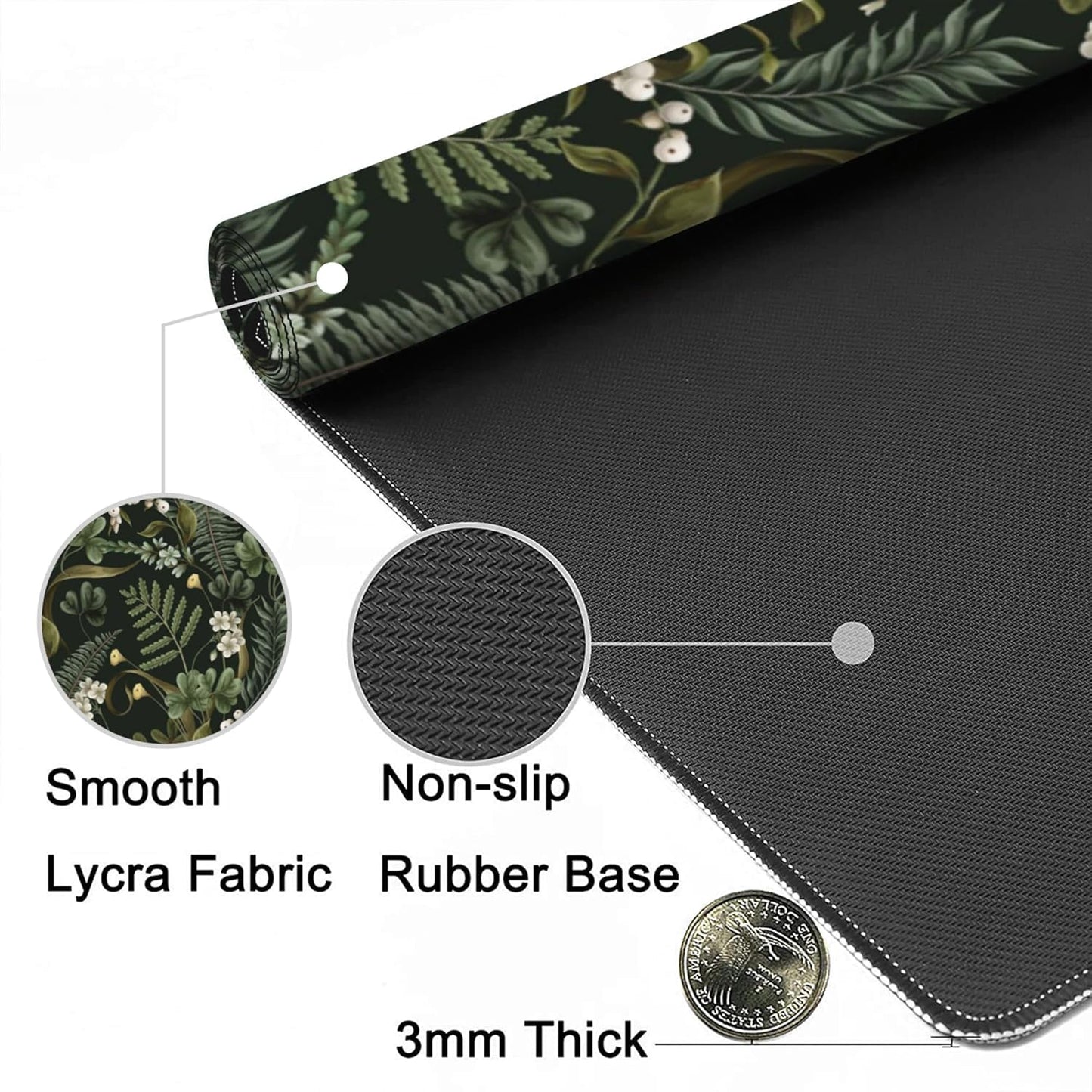Desk Mat,White Flowers and Fern Gaming Mouse Pad,XXL Extended Mouse Pad Mat for Office,Computer,Keyboard with Non-Slip Base Stitched Eges Mousepad 35.4x15.75 inch