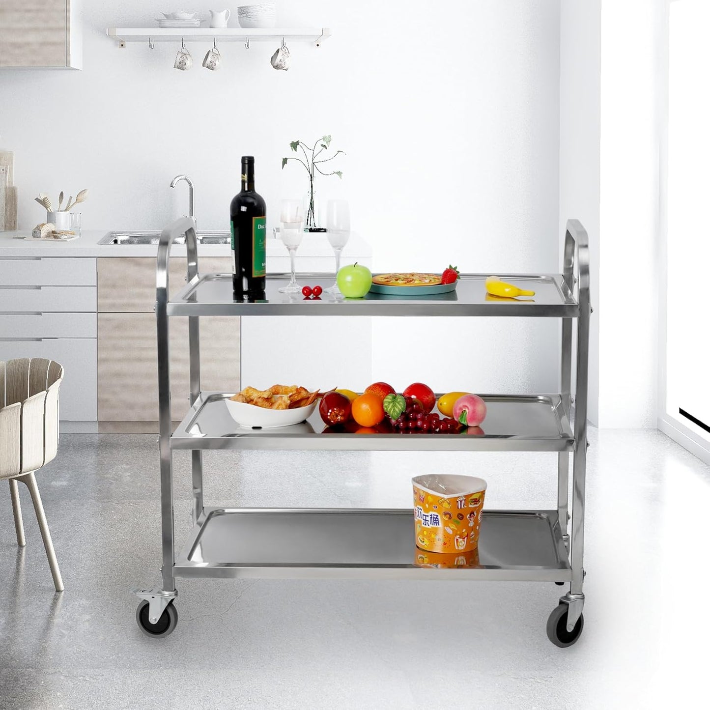 uyoyous 3 Tier Stainless Steel Utility Cart 37"x20"x37" Commercial Heavy Duty Rolling Cart Food Storage Service Trolley with 360°Rotatable Wheels for Kitchen Hotel Restaurant Home Use
