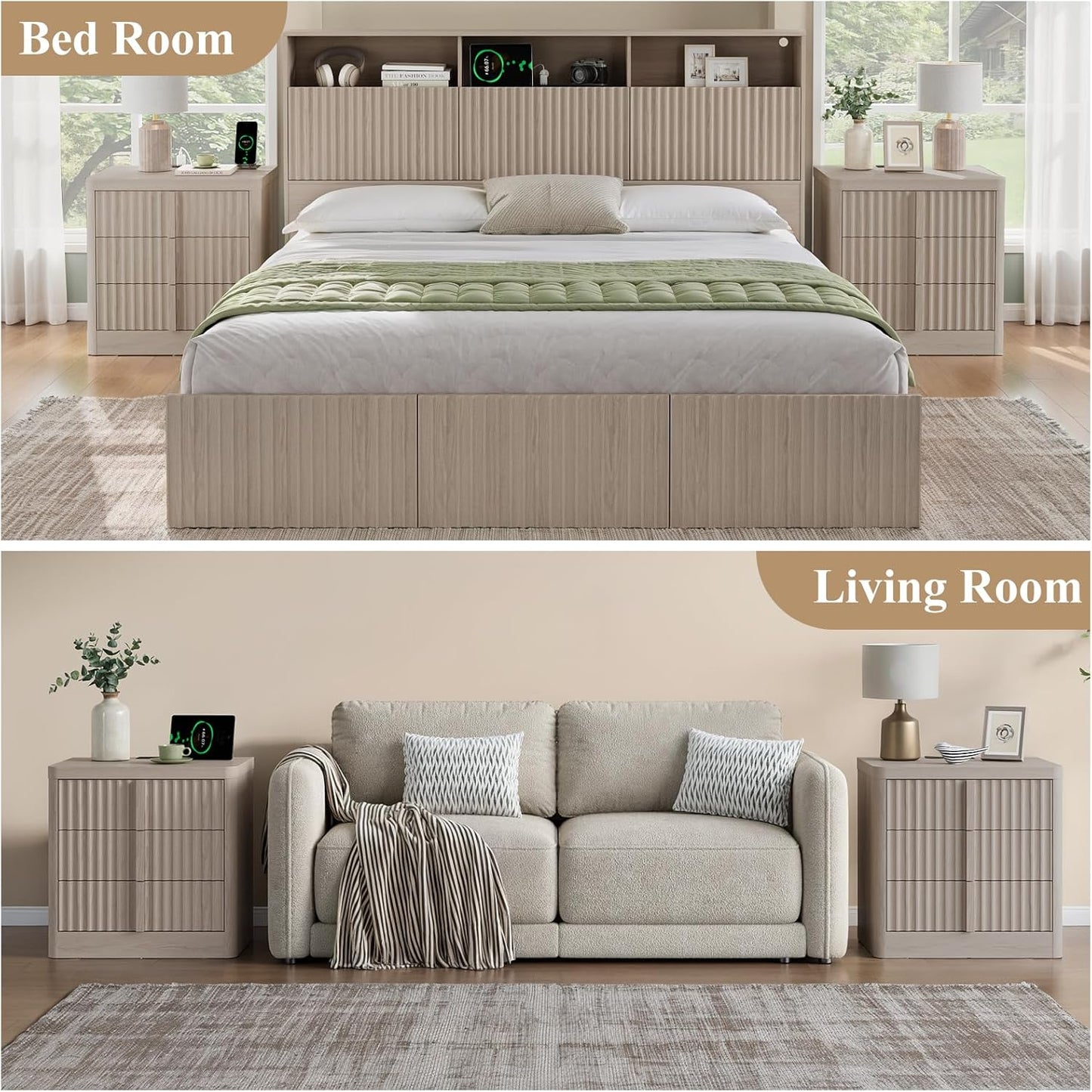 Fluted Nightstand Set of 2 with Charging Station, 23.6" Wood End Table with Solid Wood Handle, Mid Century Moden Bedside Table 3 Drawer Dresser for Bedroom, Living Room, White Alder