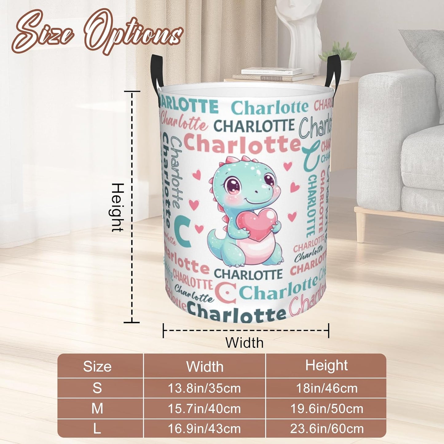 Custom Name Laundry Hamper, Personalized Dinosaur Laundry Basket with Name for Laundry Room Dorm Bedroom, Customized Name Dirty Clothes Hamper with Handles for Clothes Toy Boys Girls Men Women