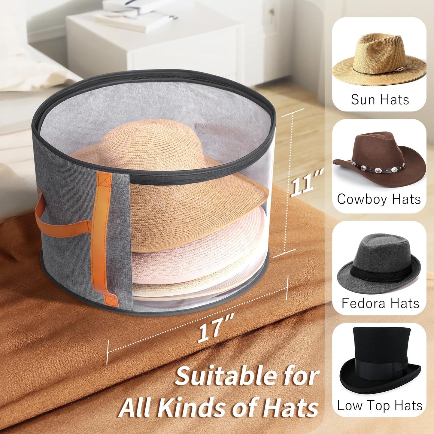 Oversized Clear Hat Storage Box for Women, Cowboy Hat Organizer for Closet, Wide Brims Hat Case with Carrying Handles, Hat Bag (Grey)