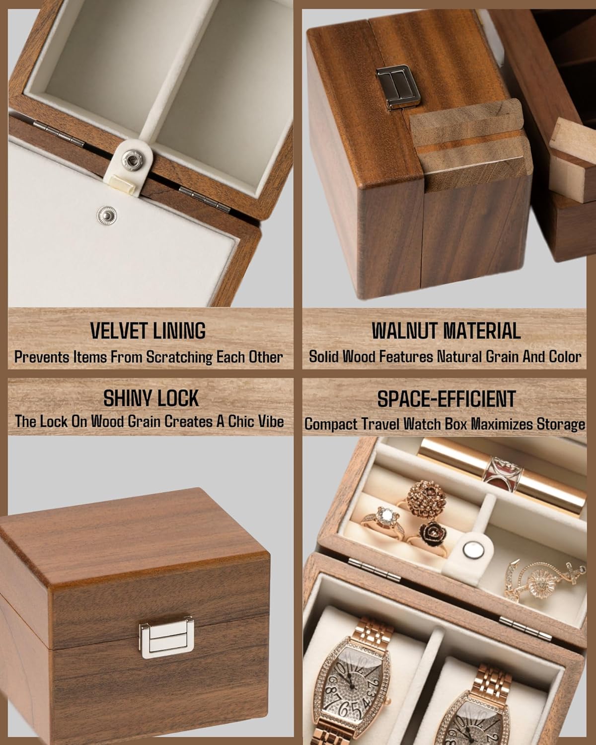 Watch Box, Watch Travel Case for Men, Wood Watch and Jewelry Holder Organizer for Woman, Portable Protection 2-Slot Watch Display Storage Case, Natural Walnut