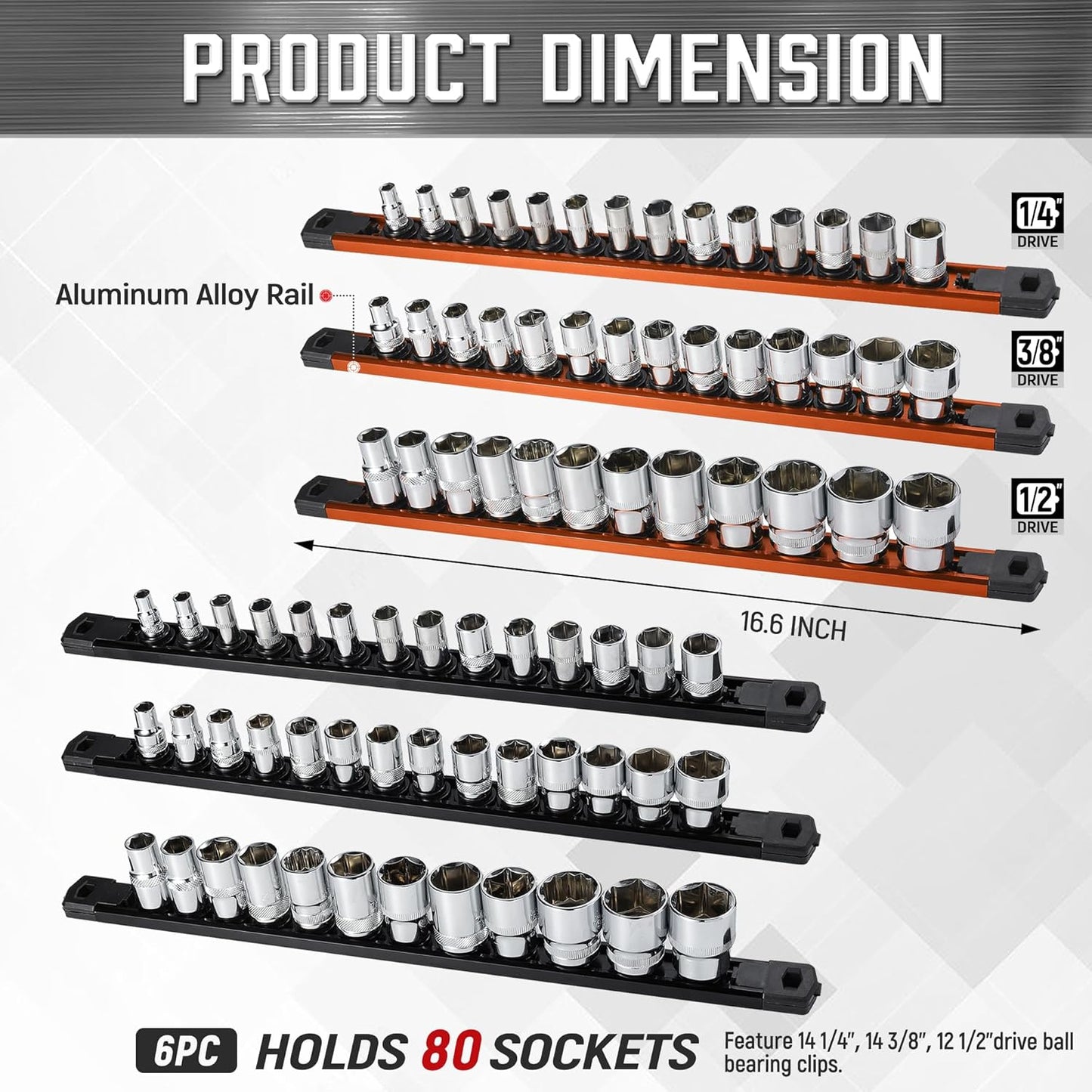 ALOANES 6-Piece Magnetic Socket Organizer, Heavy Duty Aluminum Socket Rails Organizer, 360° Swivel Clips Socket Holder Kit for Tool Box, 1/2, 3/8, 1/4-Inch Socket Holder x 80 Clips (Black&Orange)