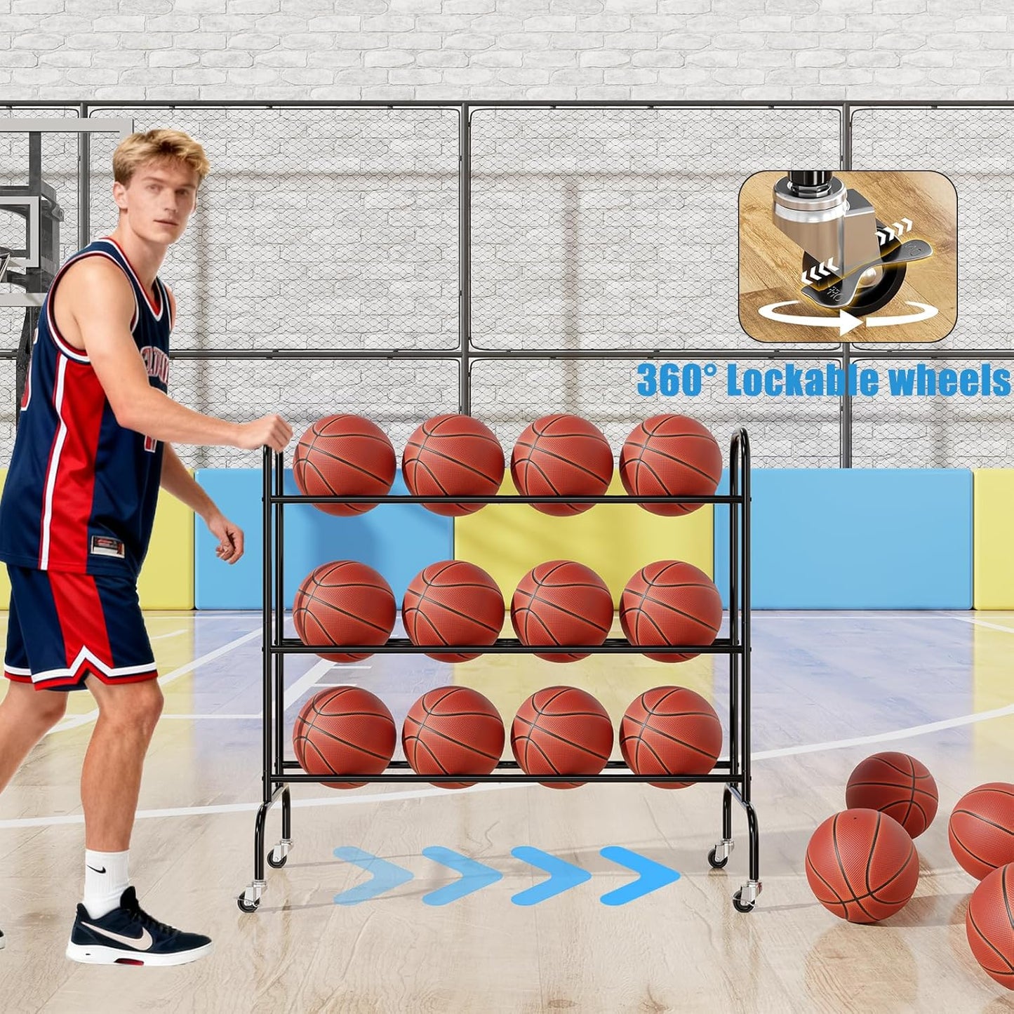 SUFAUY Sports Equipment Organizer, Garage Basketball Rack, Gear & Ball Storage Rack, Outdoor and Indoor Rolling Balls Cart with Wheels