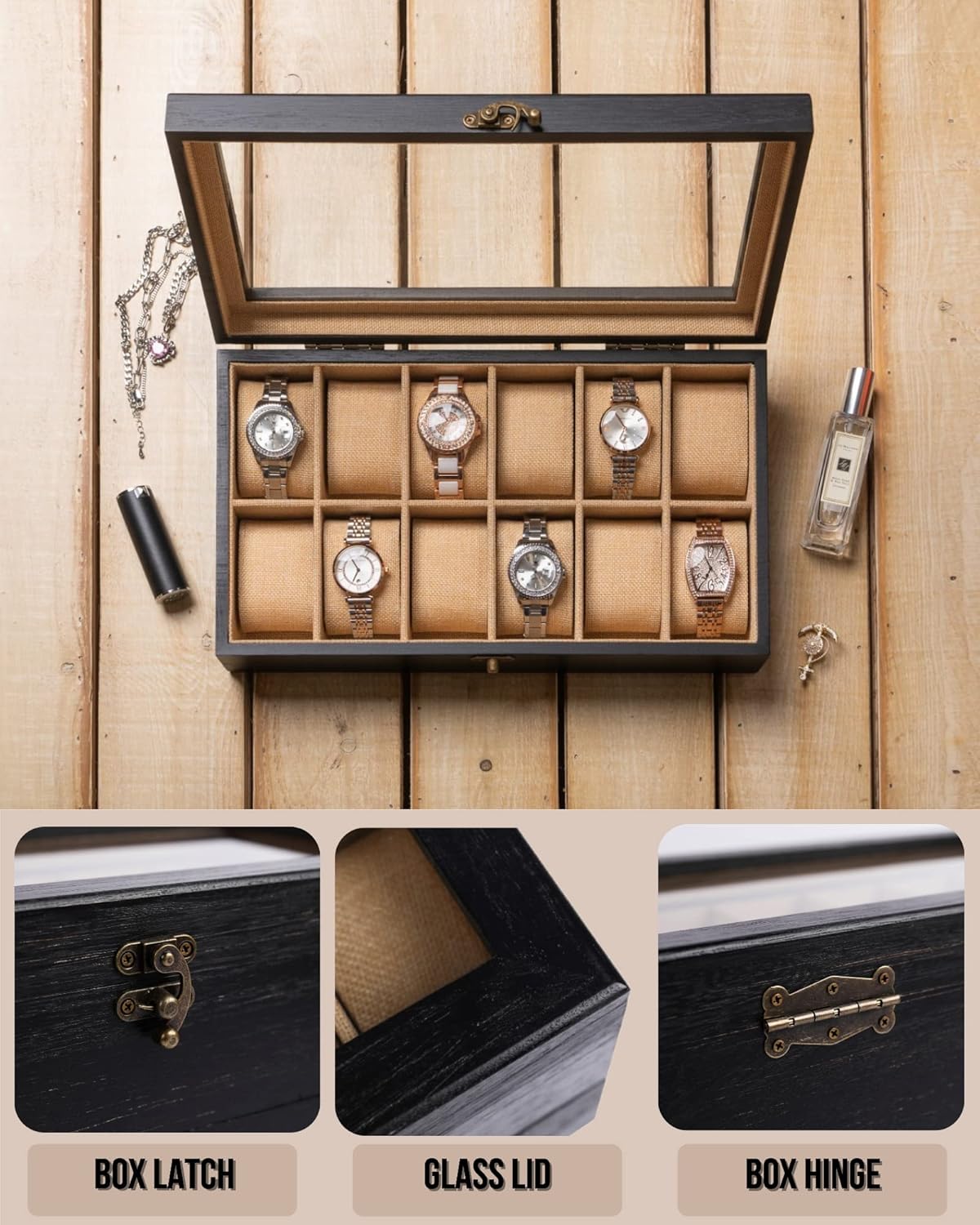 Watch Box, Watch Case for Men Women with Large Glass Lid, Wooden Watch Display Storage Box with 12 - Slots, Charcoal Black Mens Watch Box Organizer