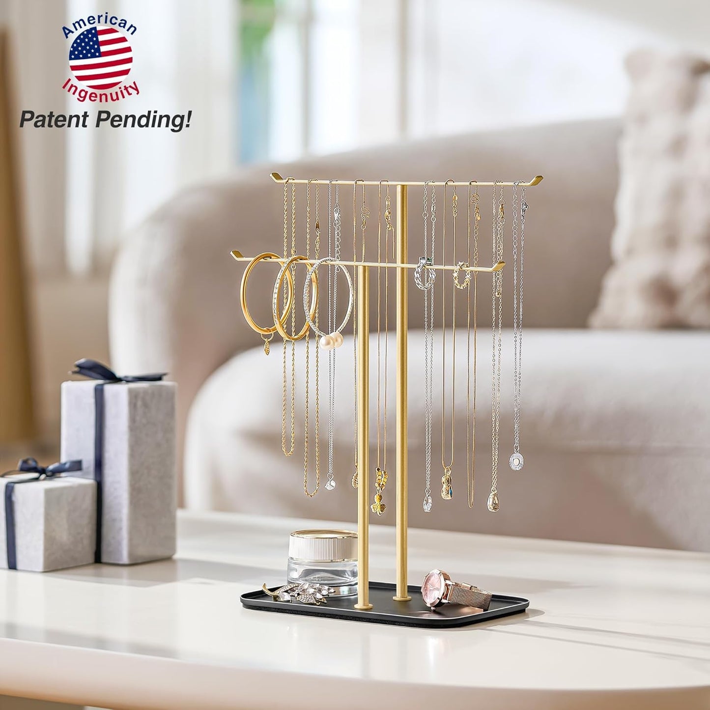 pickpiff Necklace Holder Jewelry Organizer Stand – 2‑Tier T‑Bar Jewelry Display Tree with Tray for Countertop Necklace Bracelet Earring Storage, Vanity Dresser Bathroom Sink, Black-Gold