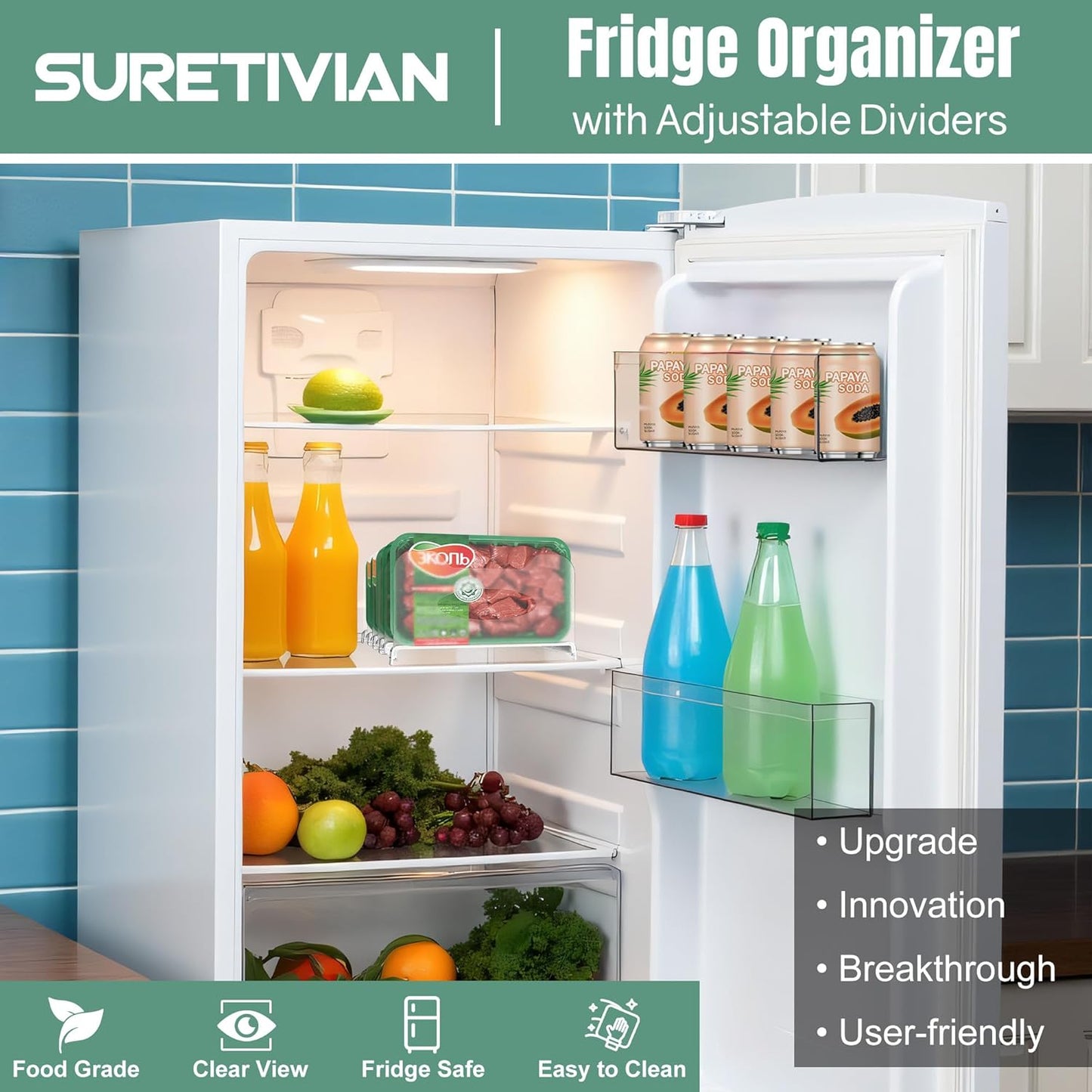 Freezer Organizer 12” Visible Fridge Organizer Rack with Removable Dividers and Handles, Freely Adjustable, Fits Refrigerator Frozen Meals, Lunch Meat Box, Cheeses(White)