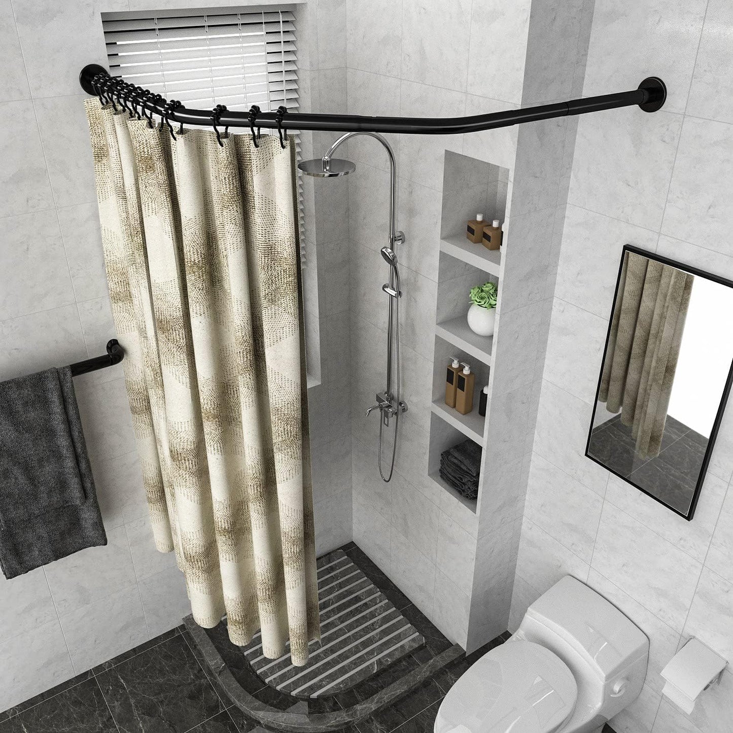 Corner Shower Curtain Rod Adjustable Stainless Steel Diamond Shaped Rack Drill Free Install for Bathroom, Bathtub, Clothing Store (Black Diamond Shaped, Both Sides: 17"-25.6",Middle:20"-26)