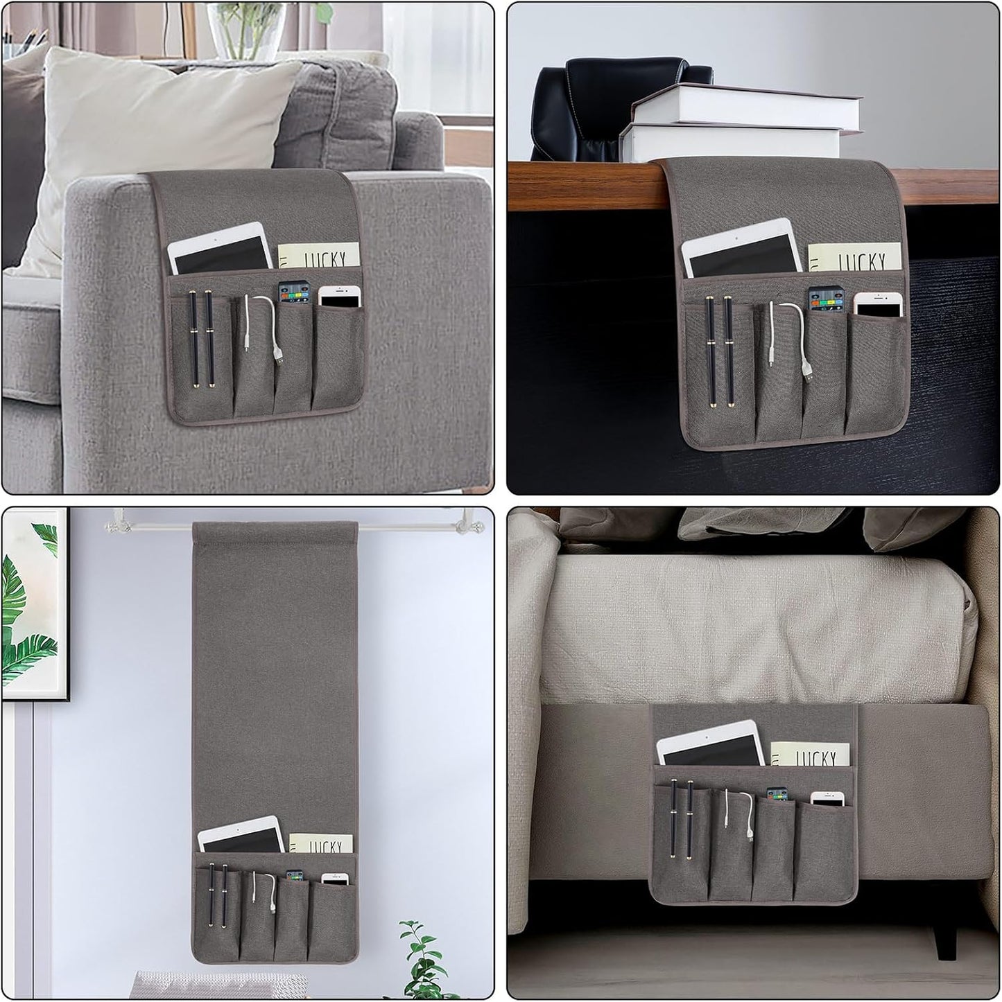 NB Sofa Armrest Organize remote holder bedside caddy organizer with 5 pockets，non-slip couch remote control holder couch armchair caddy accessories (Dark Grey, 35"x12.4")