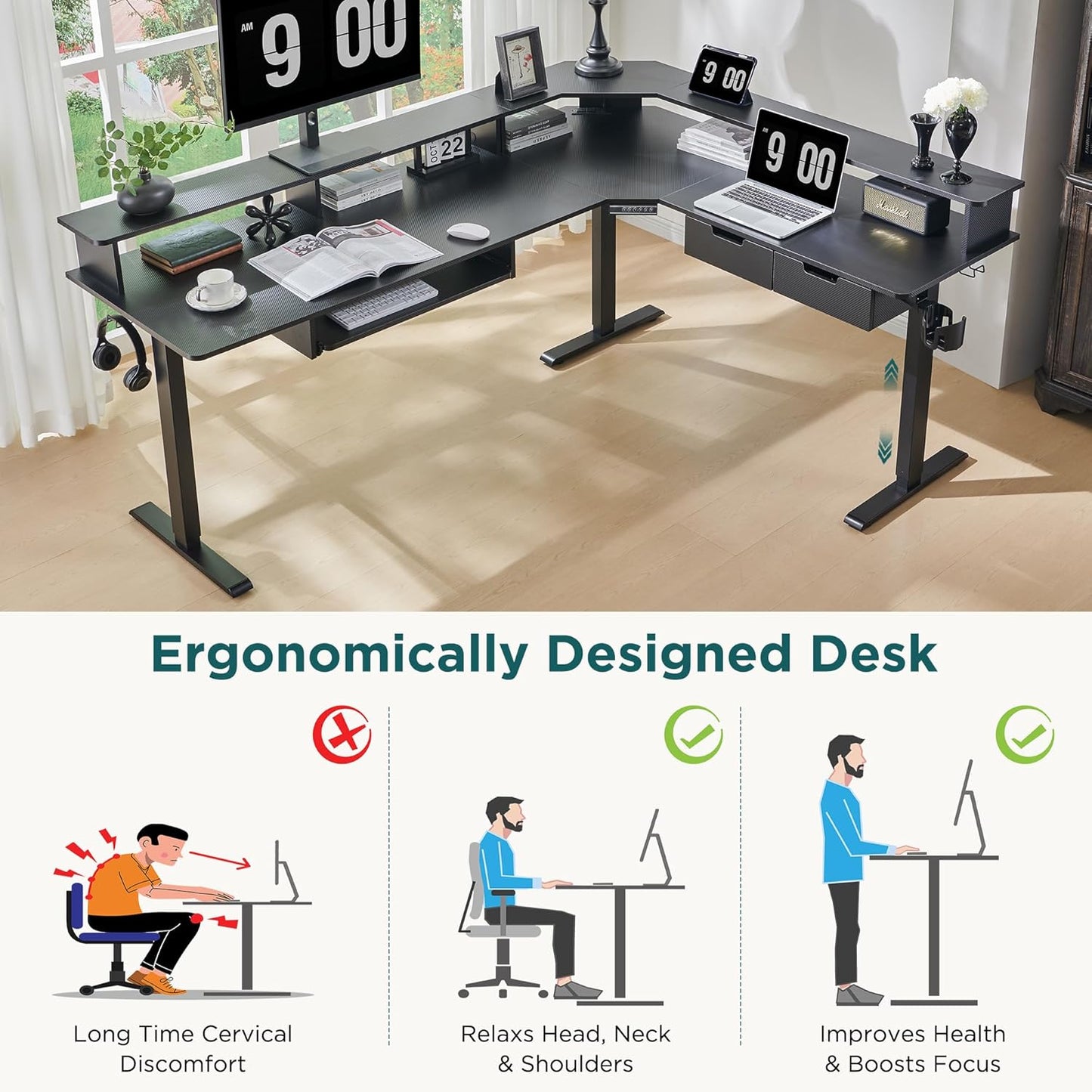 RedLemon 75X60 Inches L Shaped Electric Standing Desk, Height Adjustable Corner Gaming Desk with Drawers, Power Outlets & LED Lights, Computer Desk with Monitor Shelf, Carbon Fiber Black
