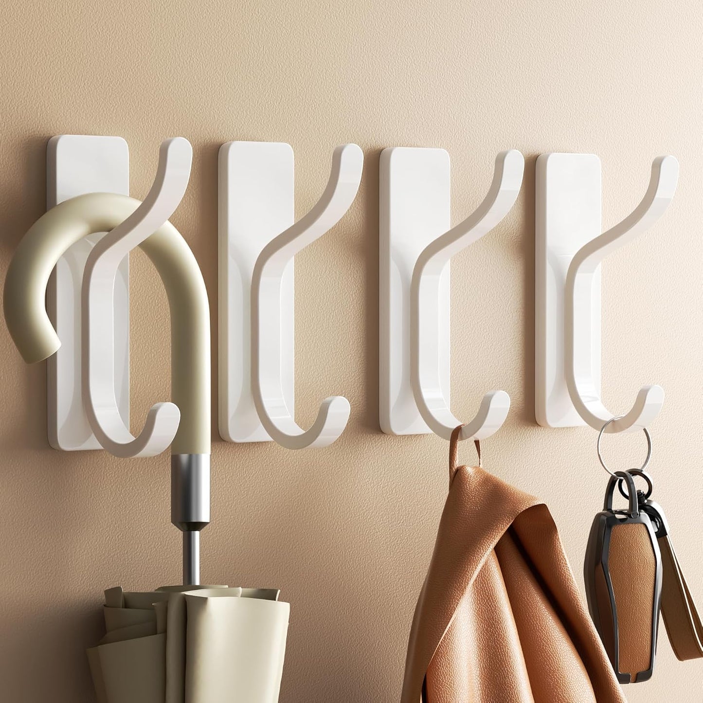pickpiff Adhesive Wall Hooks for Hanging Towels - Heavy Duty Stick On Hooks, Strong Hold up to 13 lbs, Damage-Free Hangers for Coats, Bags, Purses, Ideal for Door, Closet, or Bathroom, White, 4 Pack