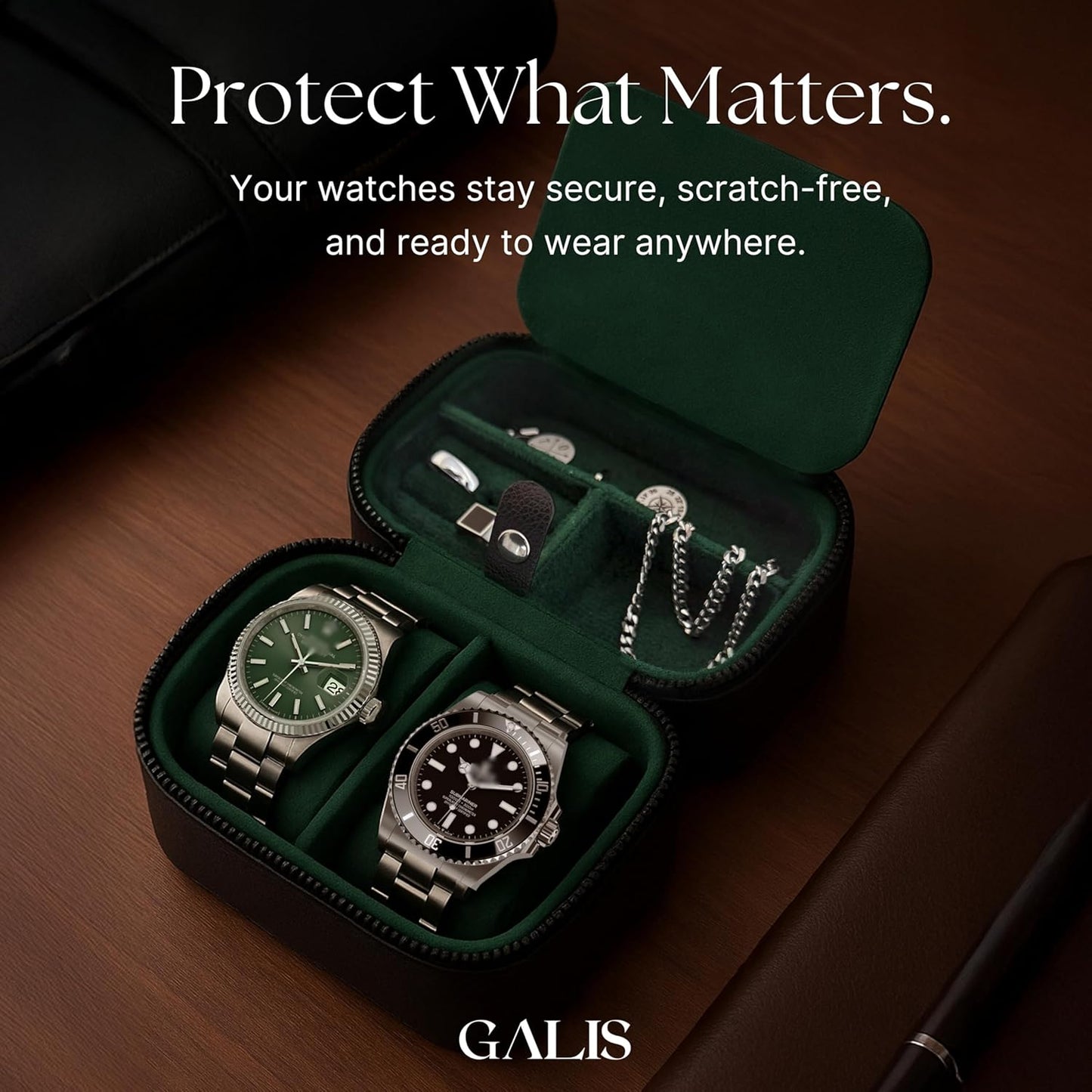 Galis Luxury Watch Travel Case for Men High End Portable 2-Slot Watch Holder and Watch Case, Premium Watch Box for Men, Jewelry Storage Organizer, Gift for Him, Fathers, Husband (Black & Green)