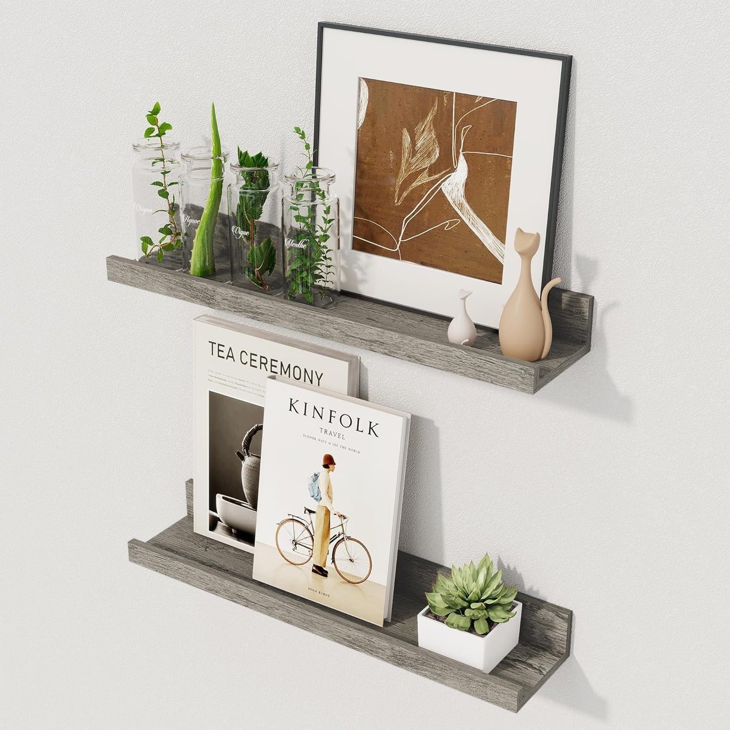 Axeman Floating Shelves for Wall | Picture Ledge Shelf Set of 2 | Rustic Grey Picture Shelf for Wall with Ledge | Small Floating Shelves with Lip | Photo Ledge Shelves for Books Album Records