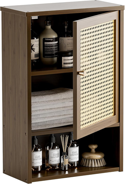 HITNET Bamboo Medicine Cabinet, Wall Mounted Bathroom Cabinet with Adjustable Shelf, Single Rattan Door Hanging Storage Organizer Over Toilet for Entryway, Laundry Room(Walnut)