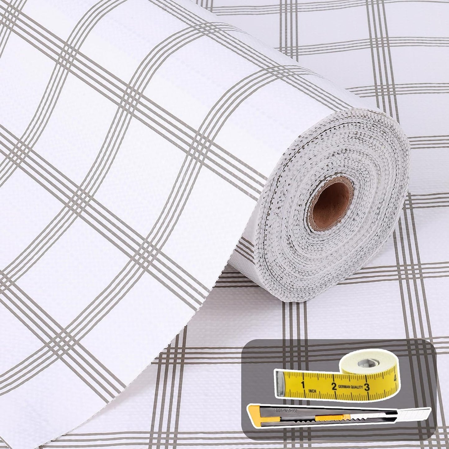 Shelf Liner for Kitchen Cabinets Non Adhesive Drawer Liner Non-Slip Thickened Shelf Liner Paper Strong Easy to Clean for Tool Box Refrigerator with Knife and Tape Measure, White Square,17.3 x 236.2 IN