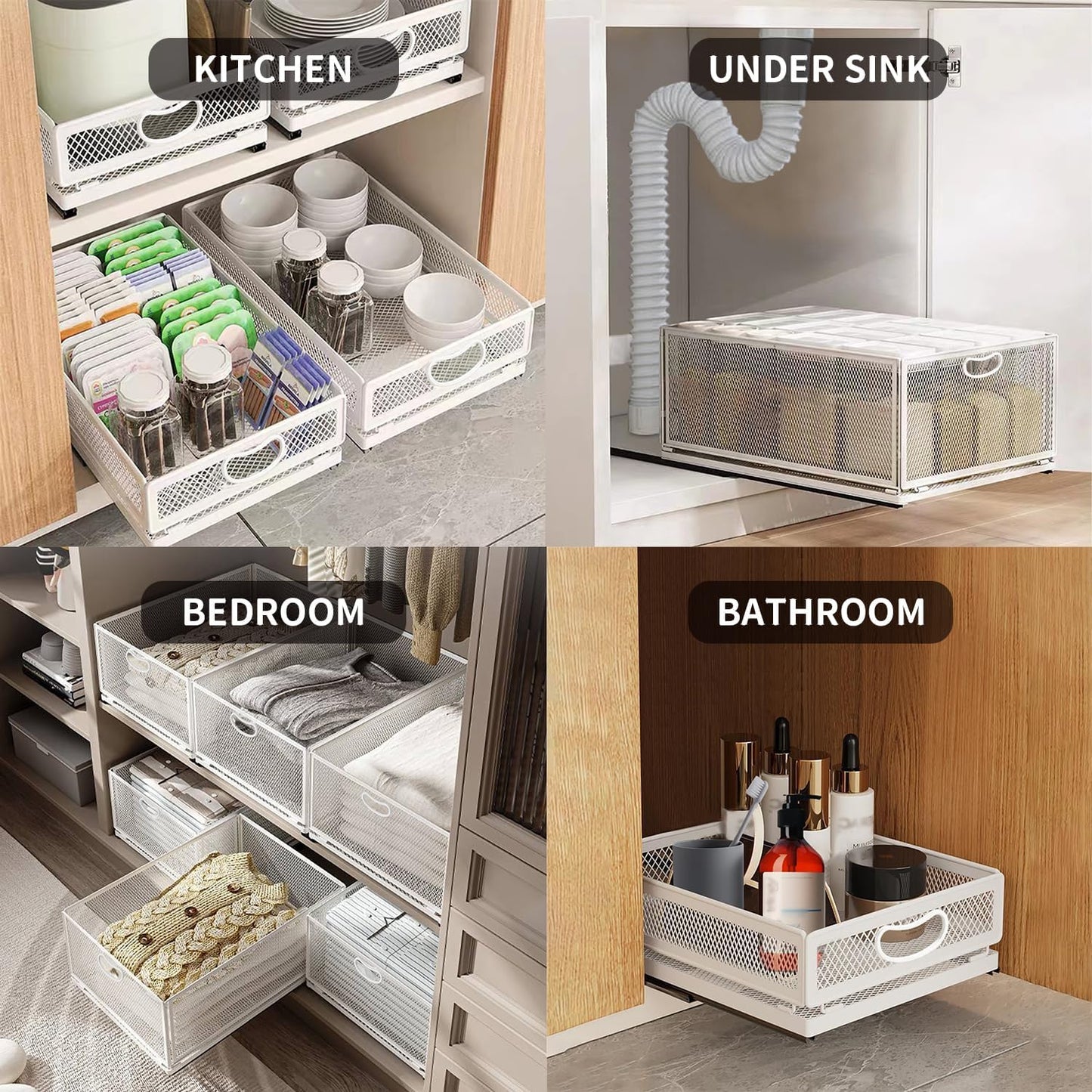 Sliding Cabinet Basket Organizer Drawer Self Adhesive Slide out Pantry Shelves Heavy Duty Carbon Steel Slide Cabinet Storage Basket with Handle for Bathroom Kitchen Home