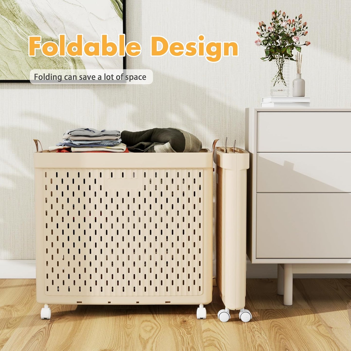 UAK Laundry Basket with Wheels, Collapsible Plastic Laundry Hamper with Handle, Foldable Laundry Basket Organizer for Laundry and Bathroom Ivory, XXXXL (110L)