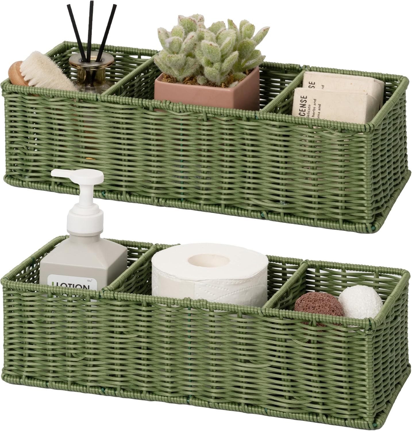 GRANNY SAYS Wicker Toilet Paper Basket Holder for Back of Toilet Baskets, Small Bathroom Basket Organizer and Storage for Tank topper, Olive Green Decor Sink Tank Tray with Dividers, 2 Pack