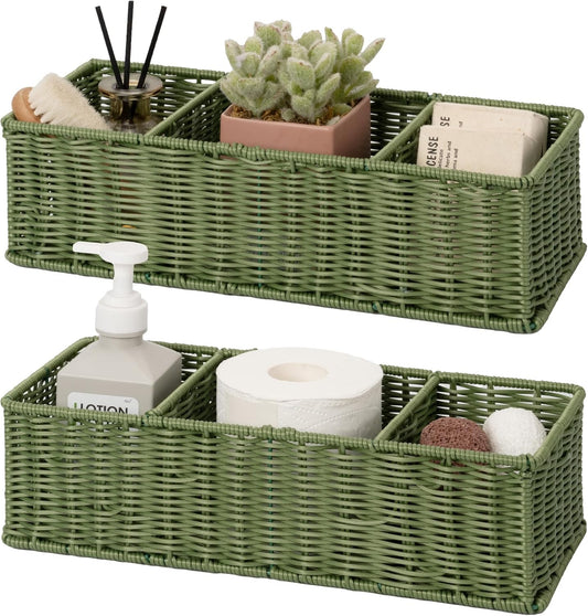 GRANNY SAYS Wicker Toilet Paper Basket Holder for Back of Toilet Baskets, Small Bathroom Basket Organizer and Storage for Tank topper, Olive Green Decor Sink Tank Tray with Dividers, 2 Pack