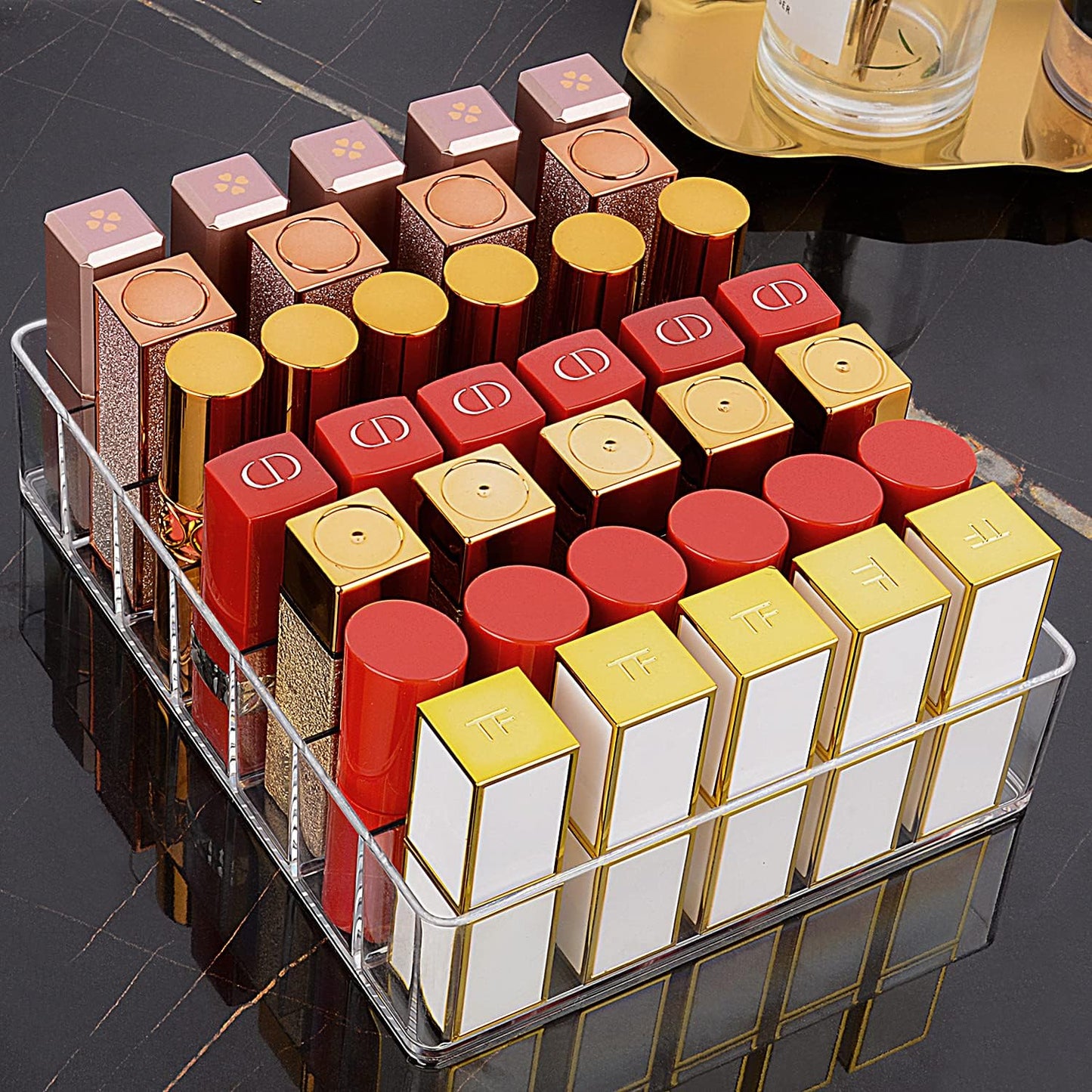 JessLab Makeup Organizer for Eyeshadow Palette and Lipstick, 7-Section Acrylic Divided Cosmetics Storage for Bathroom Vanity Countertop, Transparent, X-Large