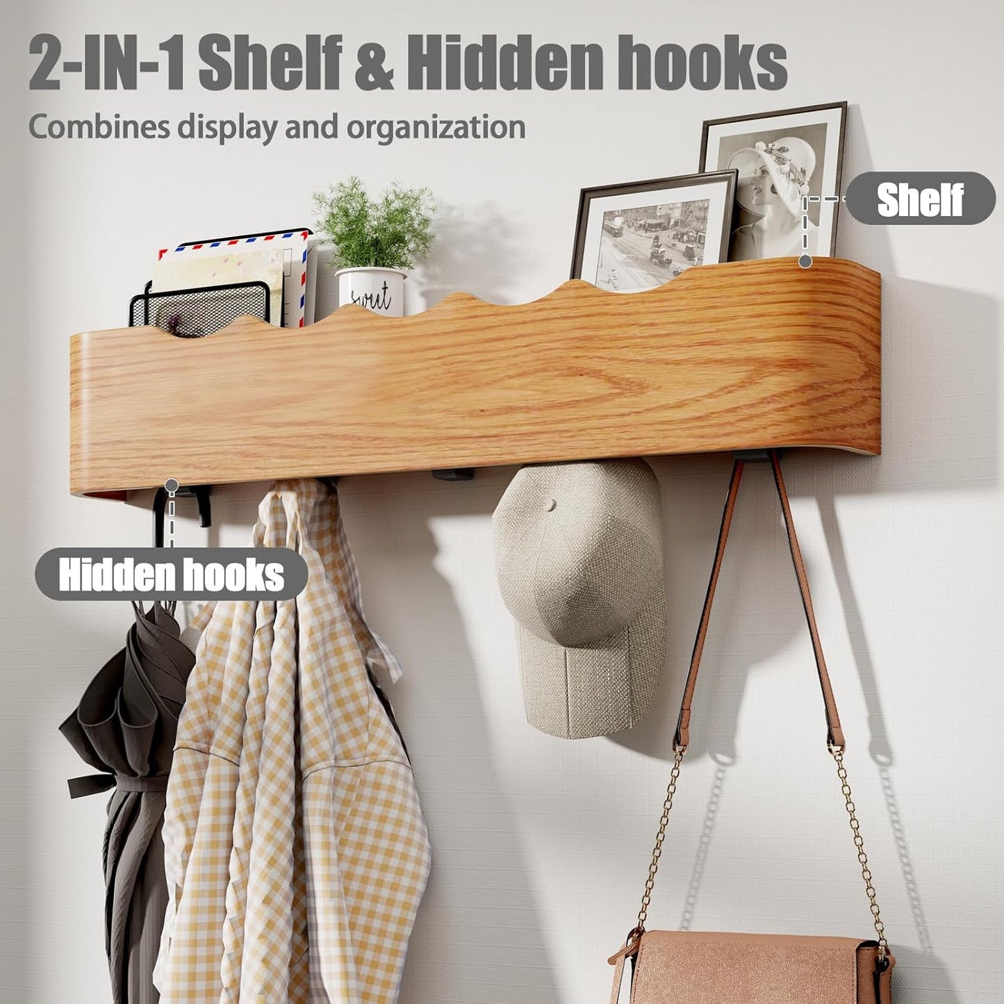 Coat Rack Wall Mount with Shelf 4 Hidden Hooks Modern Wooden Key Holder Entryway Organizer for Hallway Bedroom Bathroom Home Decor Storage for Hanging Coats Hats Bags Towels, Wave-Shape Oak
