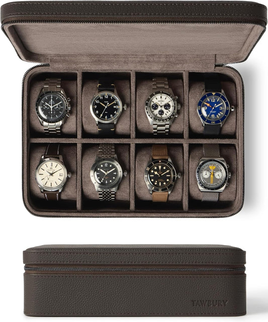 TAWBURY Watch Case - 8 Slot Genuine Top-Grain Leather Watch Box for Men & Women with Extra Wide Pillows for Large Watches - Portable Wristwatch Storage for Home & Travel (Brown)