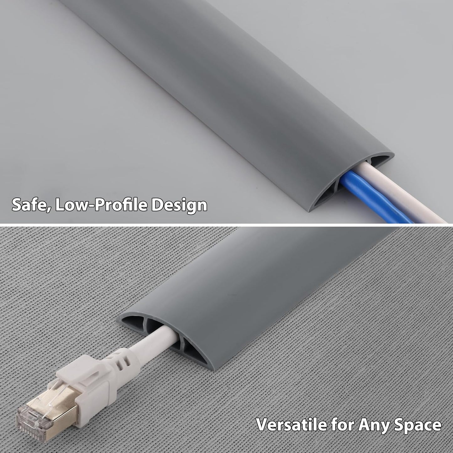 ZhiYo 3.6ft Cord Covers for Wires on Floor, Gray Cord Hider Floor Hide Extension Cords, Soft PVC Cable Cover Cable Protector, Wire Cavity W0.62in H0.31in, Grey