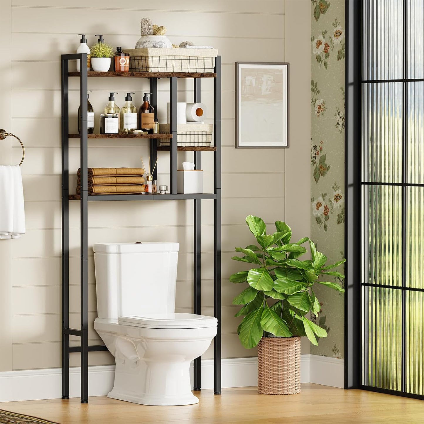 Over-The-Toilet Storage Rack, 3-Tier Bathroom Shelves Over Toilet, Above Toilet Storage, Behind Toilet Bathroom Organizer, Space Saver, Freestanding, Rustic Brown