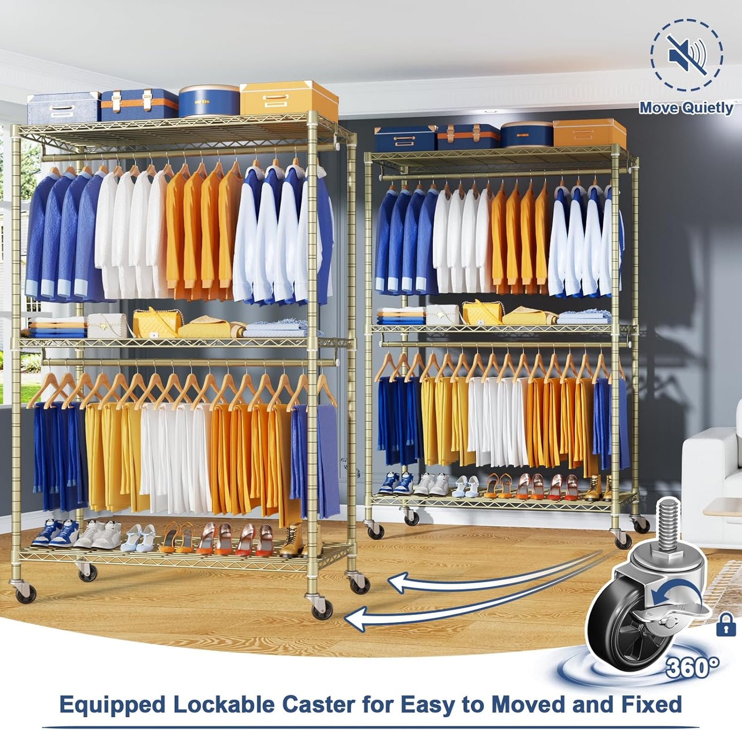 P8 Heavy Duty Clothes Rack（With Extended Width Design） Rolling Clothing Racks for Hanging Clothes，Portable Garment Rack with Lockable Wheels，51.2" W x 15.8" D x 80.5" H，Max Load 700LBS，Gold