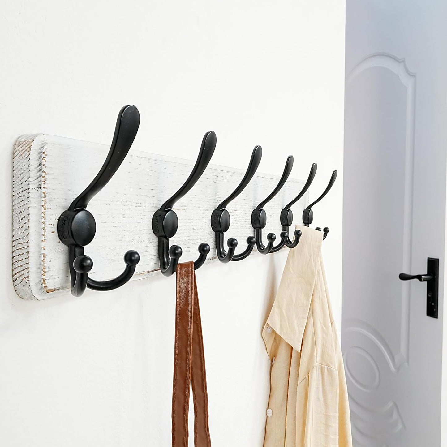 Dseap Coat Rack Wall Mounted - 24" Long 6 Tri Hooks, Heavy Duty Wooden Wall Coat Hanger Coat Hook for Clothes Hat Jacket Clothing, White and Black, Pack of 2
