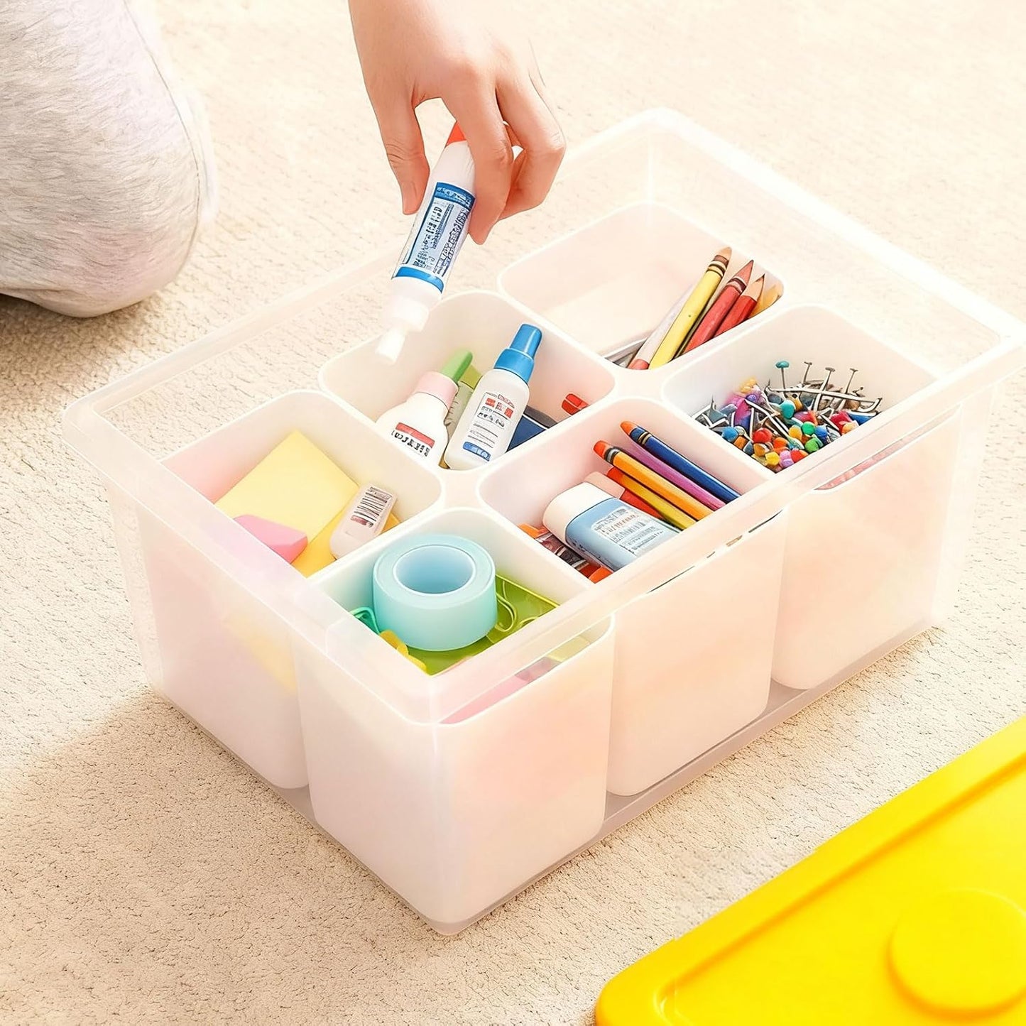 loobuu Plastic Storage Bins with Lids, Art Craft Supply Organizer Box with Brush Pot, Multipurpose Stackable Storage Containers for Organizing Tool, Craft, Crayon,Sewing(Yellow)