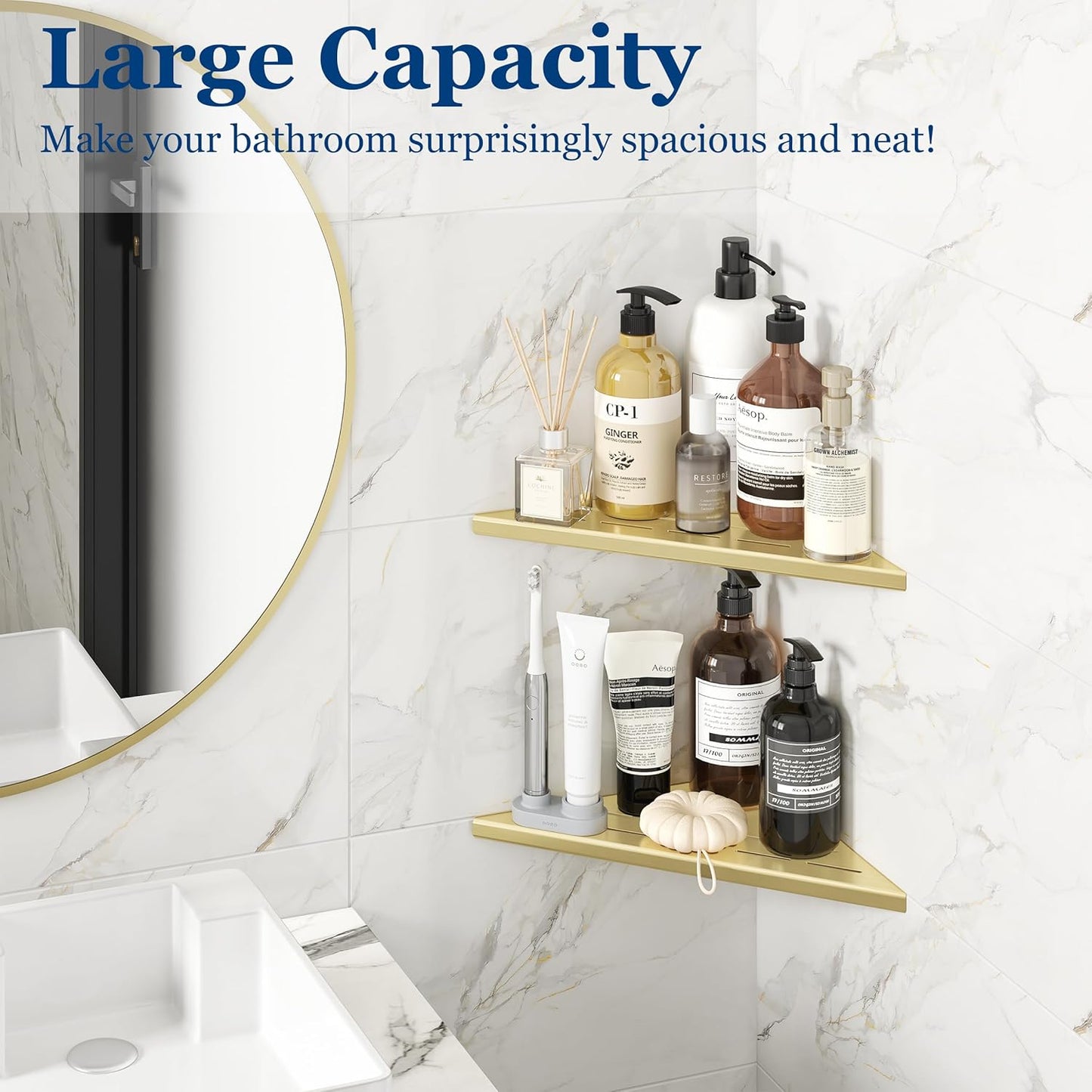 Corner Shower Shelves, 10” Recessed Tile Shower Shelf, 304 Stainless Steel Grout in Corner Tile Shower Shelves, No Drilling, Brushed Golden, 2 Pack