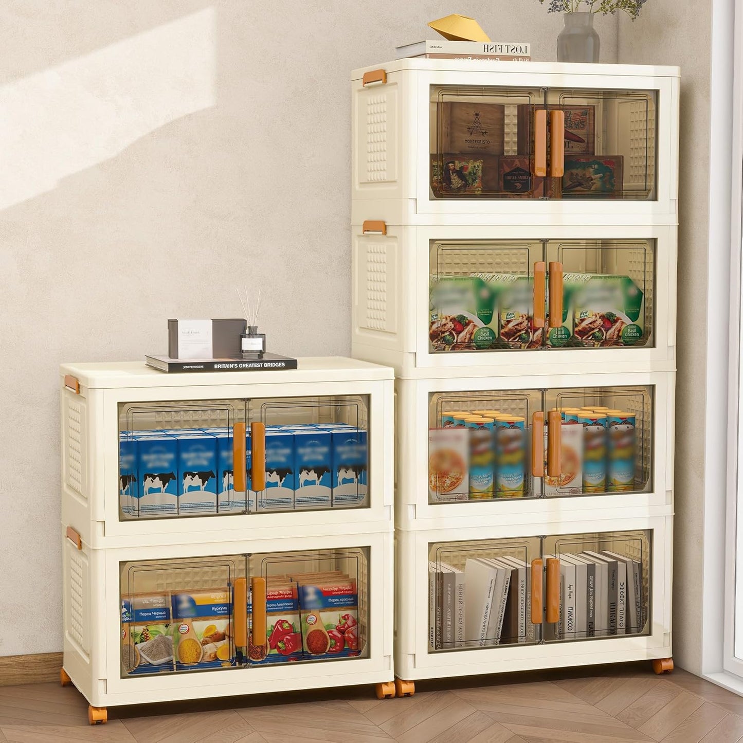 Plastic Stackable Storage Bins with 2 Lids and Wheels, Foldable Closet Organizers and Storage Containers, Collapsible Clear Drawer Storage Cabinet with Doors Ivory White 273.6 QT
