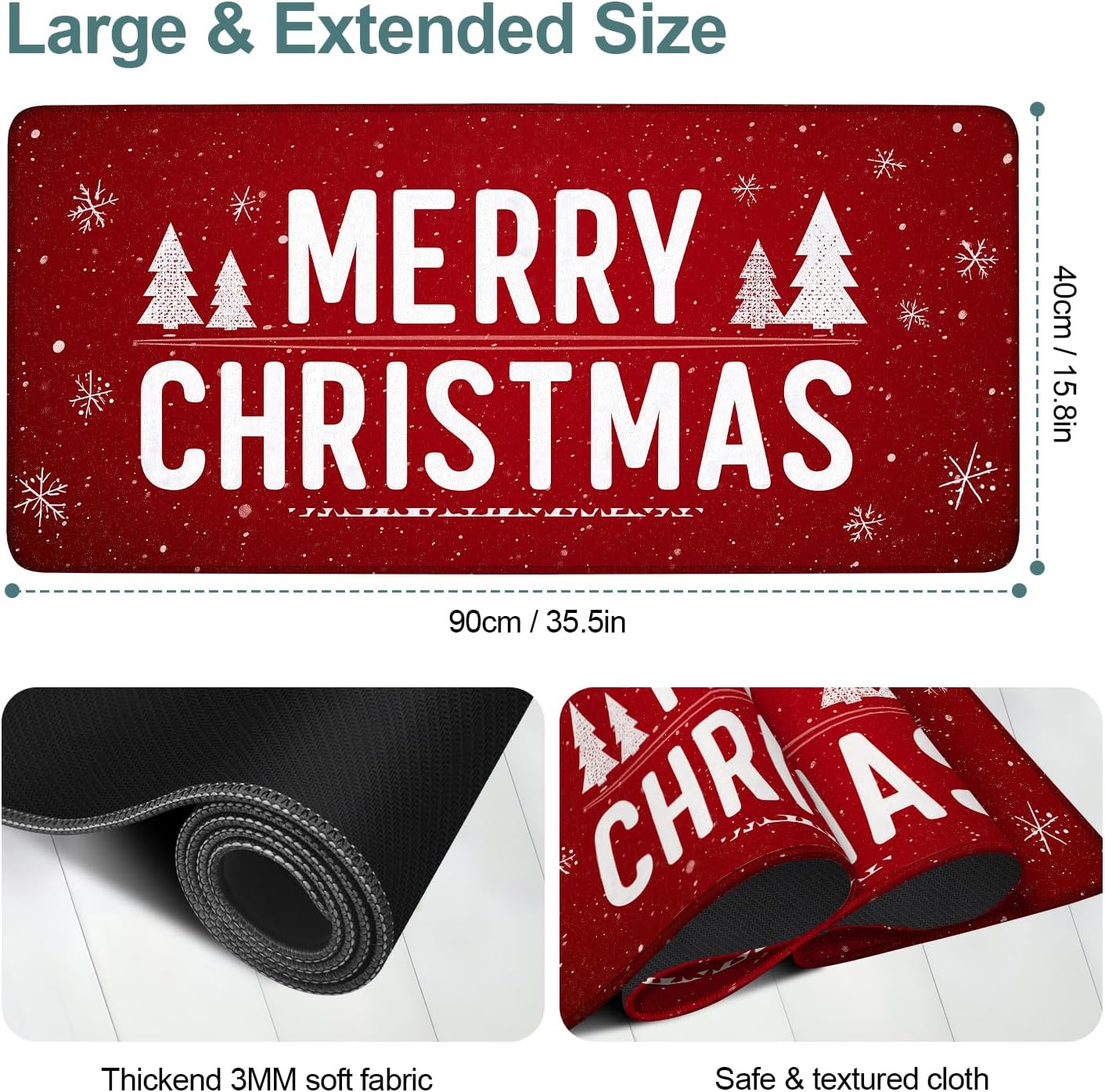 Merry Christmas Gaming Mouse Pad 35.4"x15.7"Desk Mat Anti-Slip Rubber Base & Durable Stitched Edges for Gamers Smooth Mouse Writing Surface for Desk Office/Home