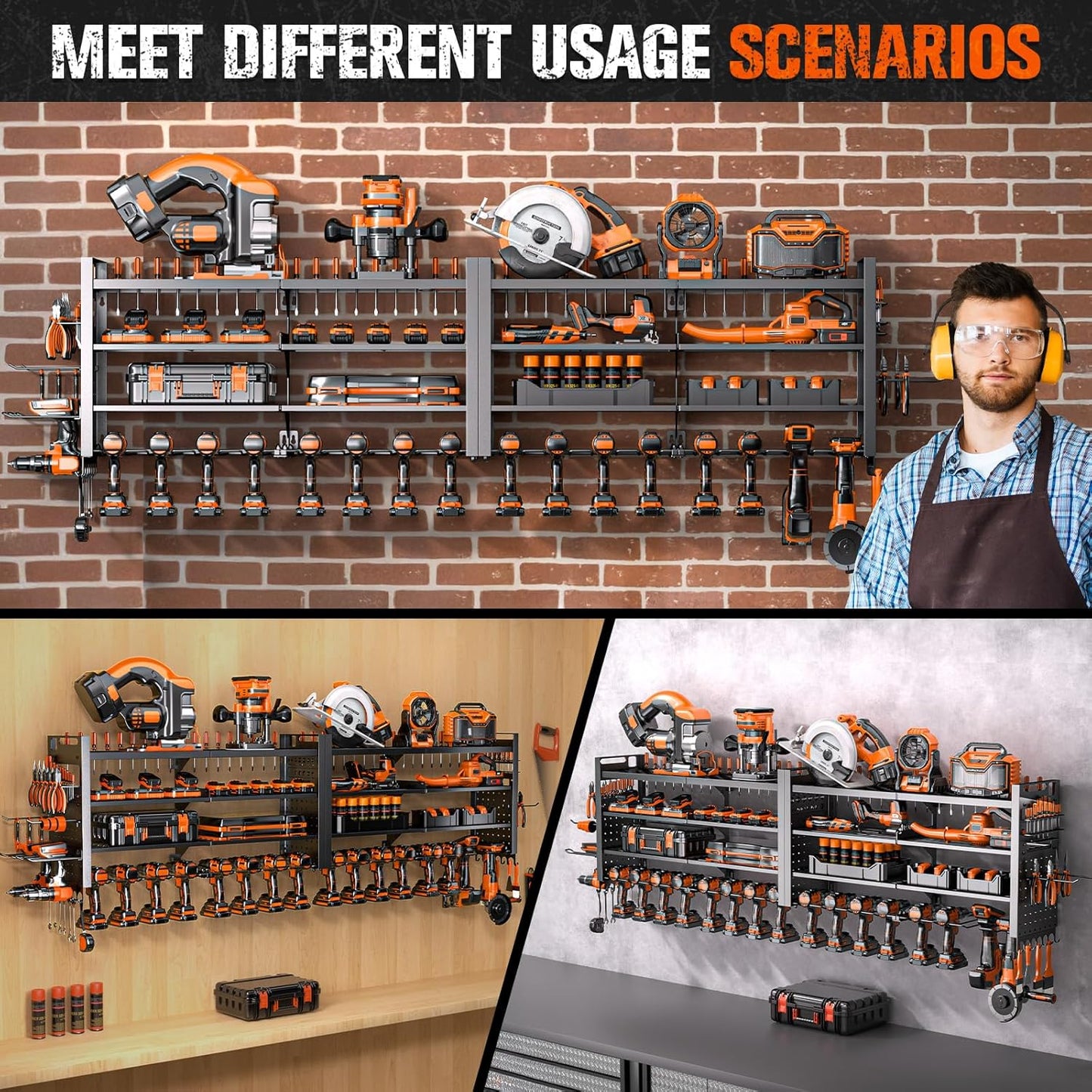 66" W Super Large Power Tool Organizer Wall Mount,Heavy Duty Cordless Tool Organizer with 18 Drill Holder,600 Lbs Capacity 4-Layer Garage Organization for Garage and Workshop (Black)