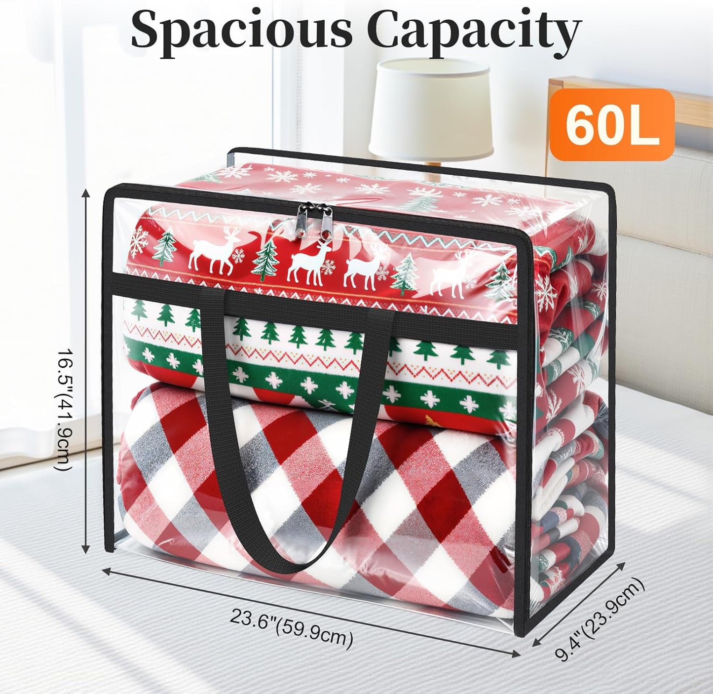 Clear Clothes Storage Bags, 4 Pack Closet Organizers and Under Bed Storage Containers, Foldable Moving Bags with Zippers for Comforter, Blanket, Bedding, Duvet, PVC Packing Bags 60L