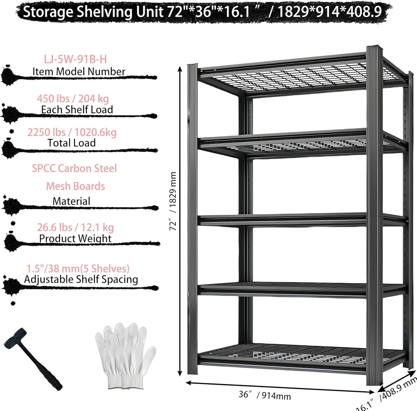 Storage Shelving Unit Height Heavy Duty Garage Shelves Metal Utility Rack for Kitchen Pantry Basement Pantry Warehouse Laundry Black 72" H x 36" W x 16.1" D