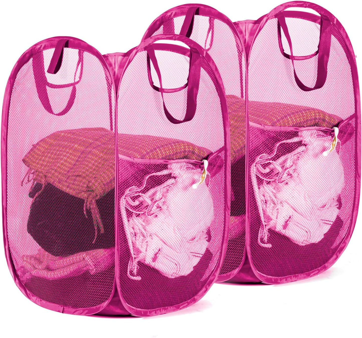 HOUSE AGAIN 2 Pcs Pop Up Laundry Hamper, Strong Mesh Laundry Baskets Collapsible, Hamper with Handles and Side Pocket, Portable Foldable Dirty Clothes for Dorm, Laundry room and Travel Storage, Pink
