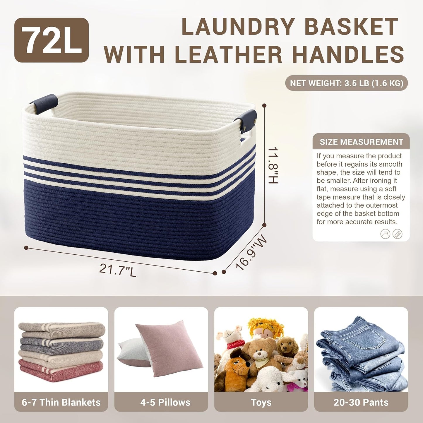 72L Large Laundry Basket with Leather Handles for Living Room Storage, Woven Rope Baskets Bin for Blanket, Kids Toy, Gifts, Wicker Hamper for Bedroom Dirty Clothes, 22"x17"x12" White Navy