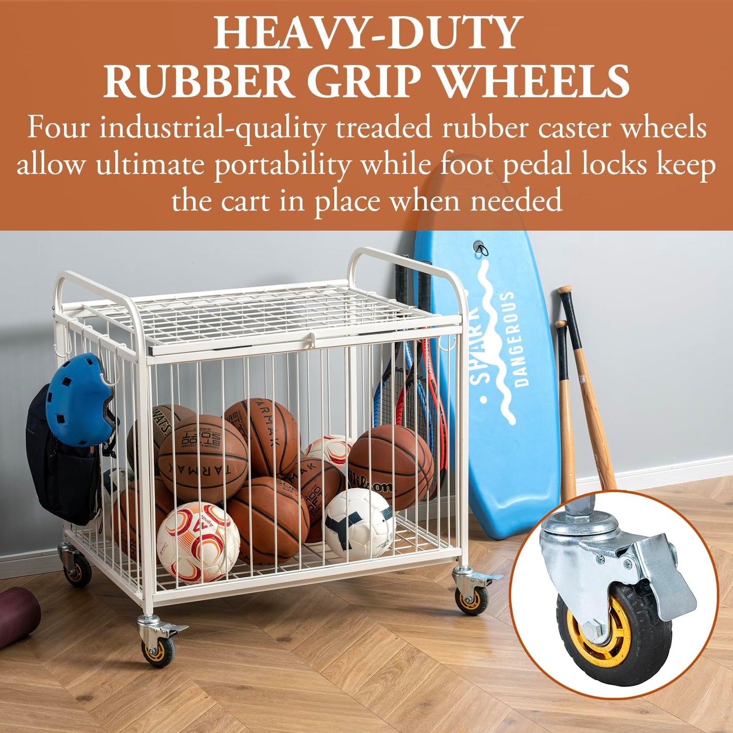 MyGift Large Capacity Metal Rolling Multi Sports Ball Cage Storage Hopper, Gym Equipment Basket Cart with Lockable Latch, Heavy Duty Caster Wheels, and 8 Accessory Hooks