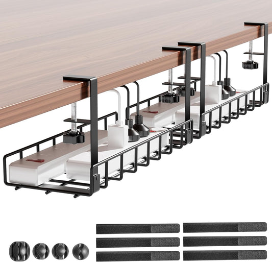 Under Desk Cable Management Tray 2 Pack, Xpatee Wire Management No Screws, Cable Tray with Clamp for Wire Management, Computer Code Rack for Office, Home - No Damage to Desk Black