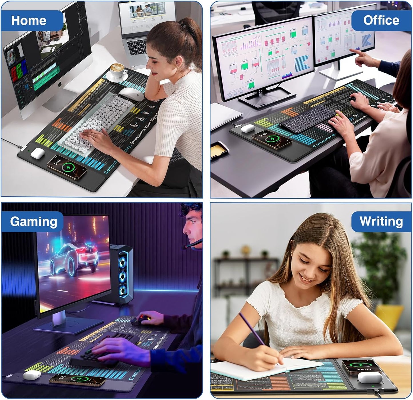 Wireless Charging Mouse Pad with Excel Formulas Shortcuts, 31.5"x15.8" Extra Large Office Spreadsheet Cheat Sheet Desk Mat, Waterproof Ultra-Smooth Surface, Non-Slip Base