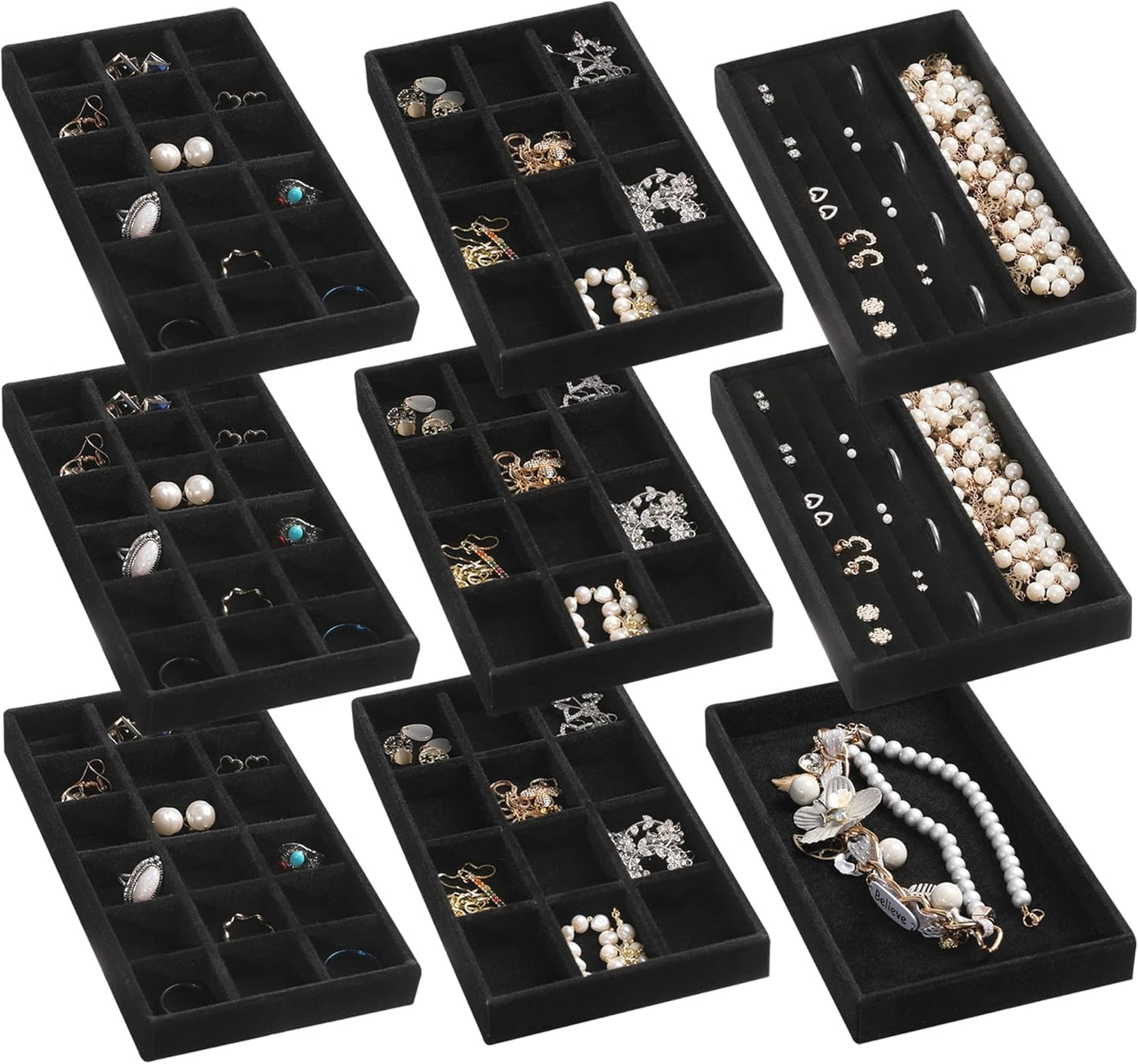 Frebeauty Jewelry Organizer Tray,Stackable Velvet Jewelry Trays,Drawer Inserts Earring Organizer For Women Jewelry Storage Display Case for Rings Stud Necklaces,Set of 9(Black)