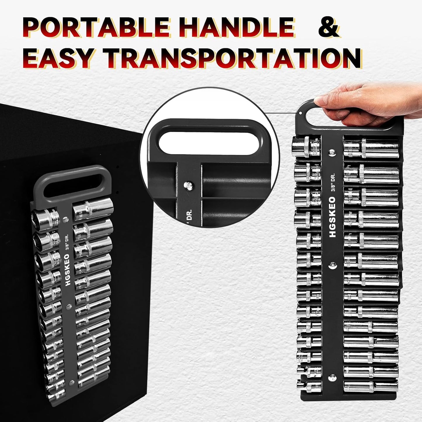 Magnetic Socket Holder Set with Handle, Portable Socket Organizer, Heavy Duty Socket Racks (Black, 3/8" Drive)