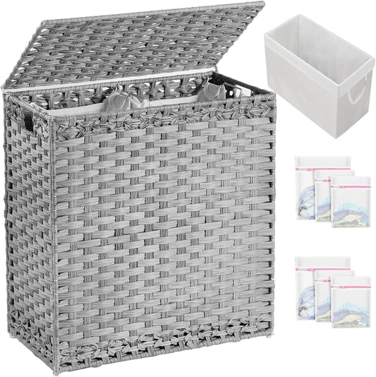 Laundry Hamper with Lid Wicker Laundry Basket 112 L (29.6 Gal) Laundry Hampers Handwoven Rattan Clothes Hamper with Handles 3 Removable Liner Bag, 6 Mesh Bags for Bathroom Bedroom Gray