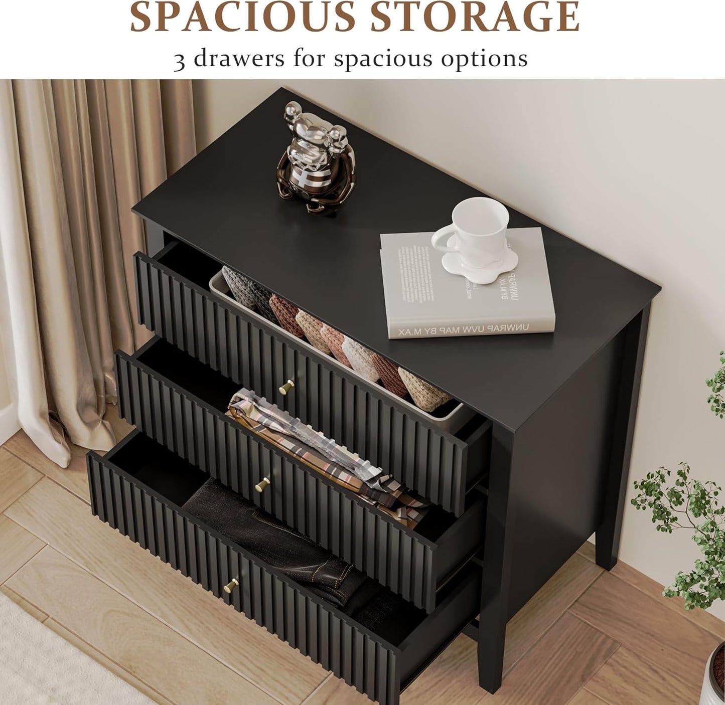 RoyalCraft Large 3 Drawer Dresser Set of 2, Fluted Chest of Drawers with Storage, Modern Painted 30 inch Tall Nightstand for Bedroom Living Room Entryway, Black