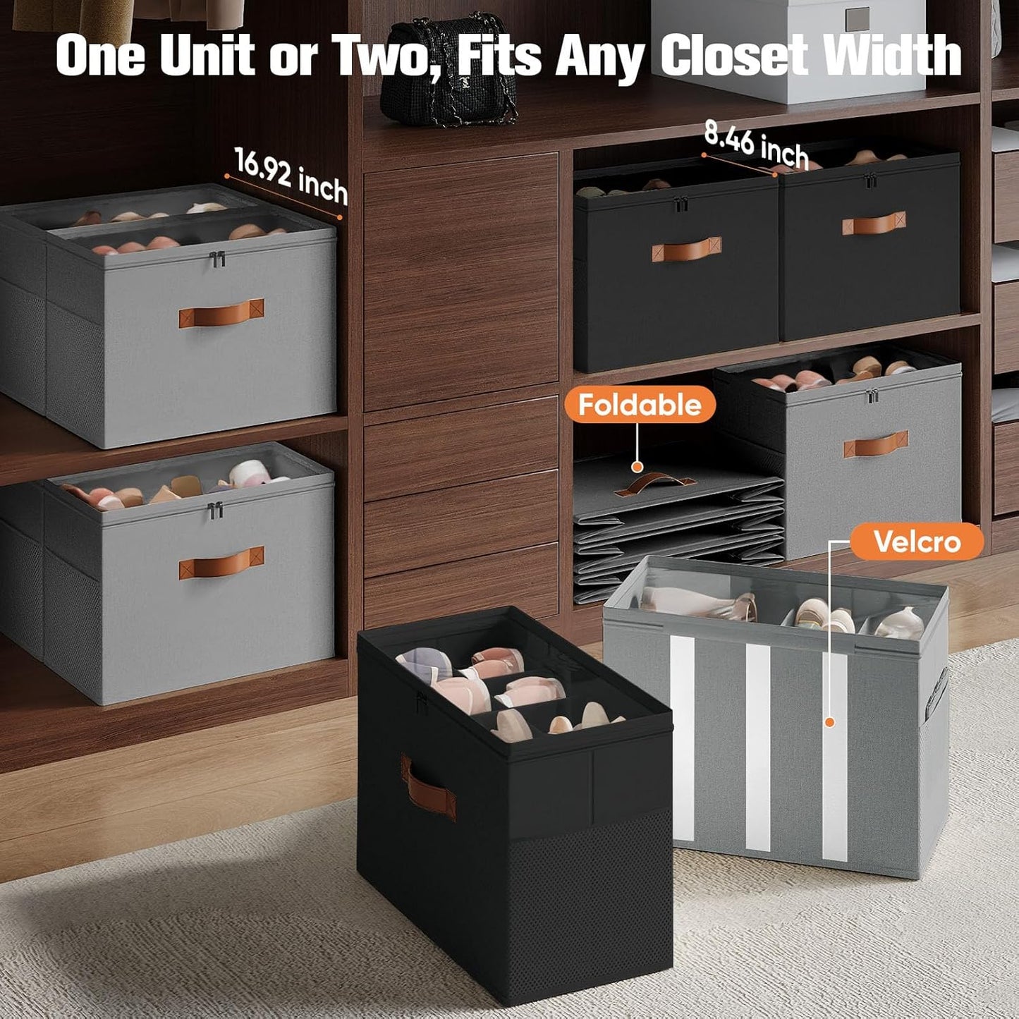Shoe Organizer for Closet, 2 Pack Foldable Shoe Storage Organizer with Adjustable Dividers, Shoe Storage Box with Clear Cover, Fits up to 16 Pairs, Black & Gray