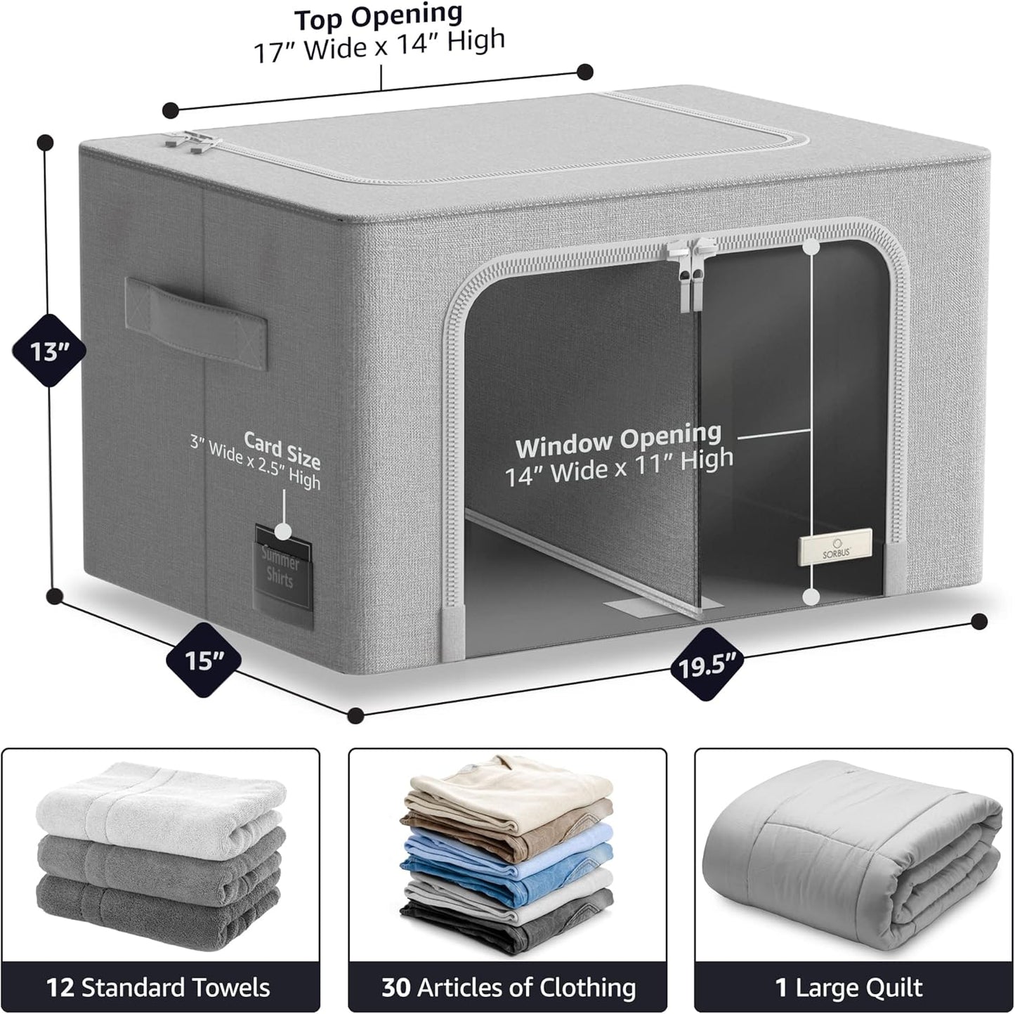 Sorbus Storage Bins with Divided Interior - Large Stackable & Foldable Organizer Containers with Metal Frame, Oxford Fabric, Large Window & Carry Handles - Organization for Bedroom, Linens & Clothes
